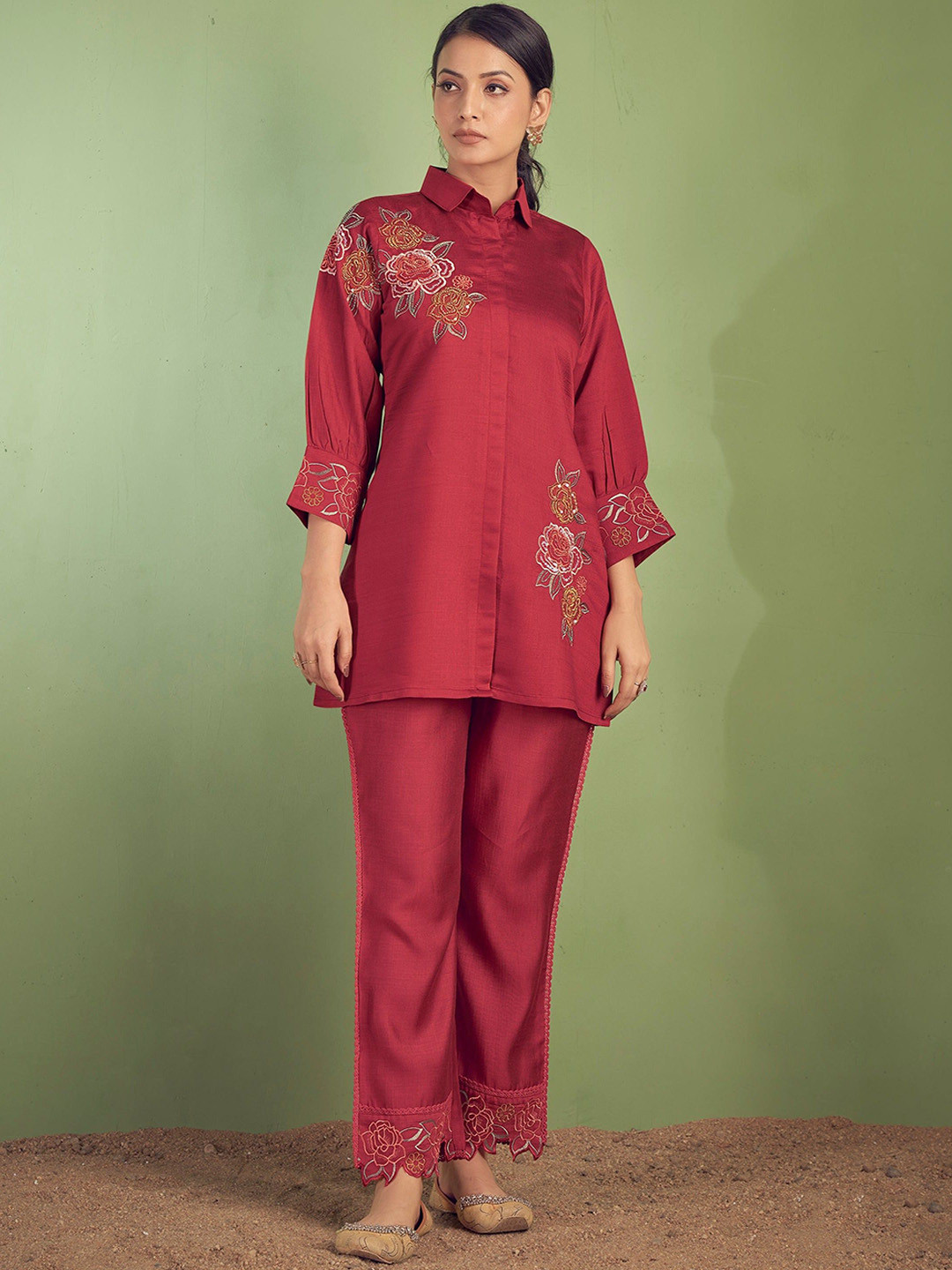 

AUTUMN LANE Embroidered Shirt & Trouser, Red