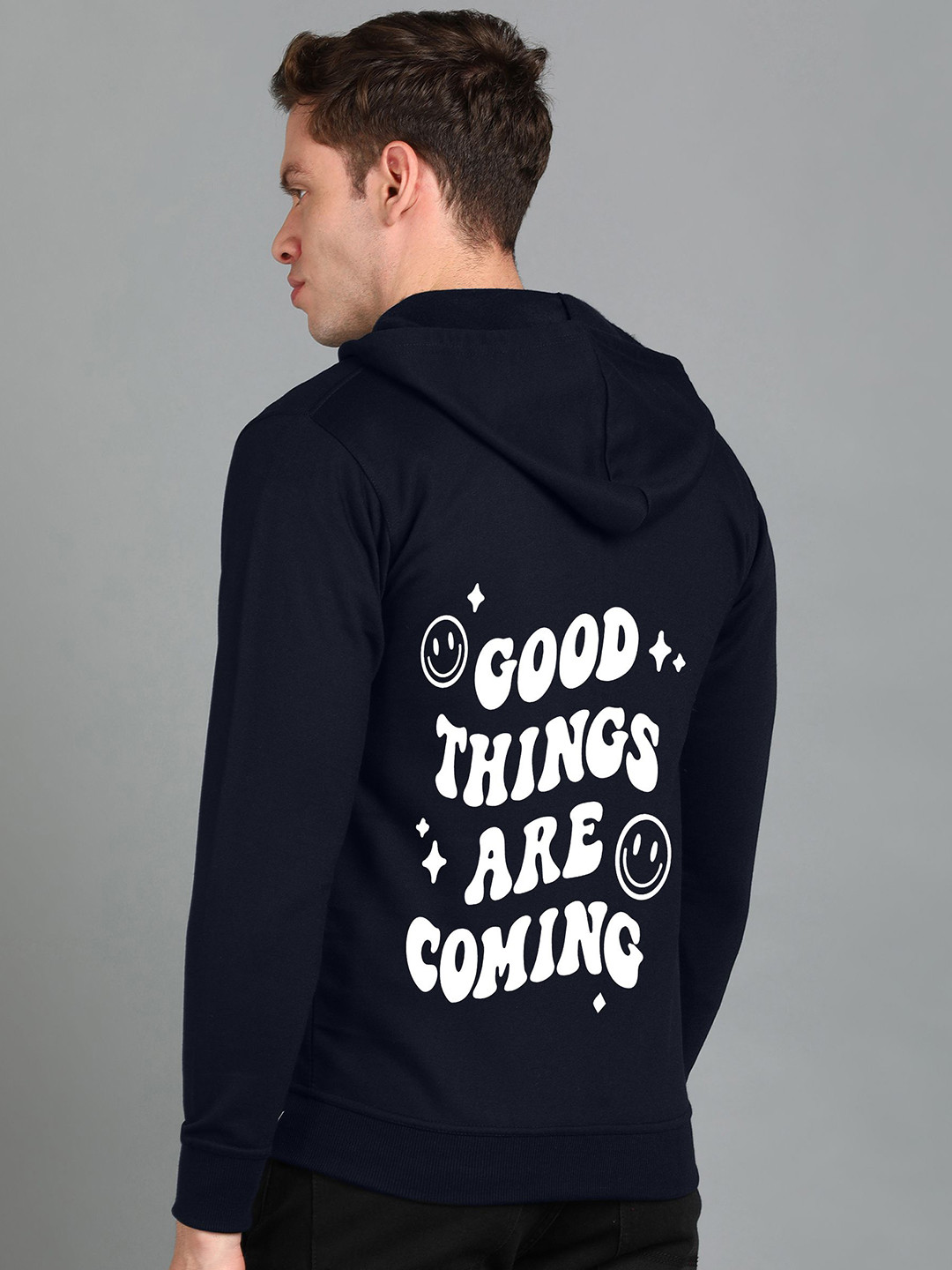 

FALTU.CO Men Printed Zip Detail Hooded Cotton Sweatshirt, Navy blue