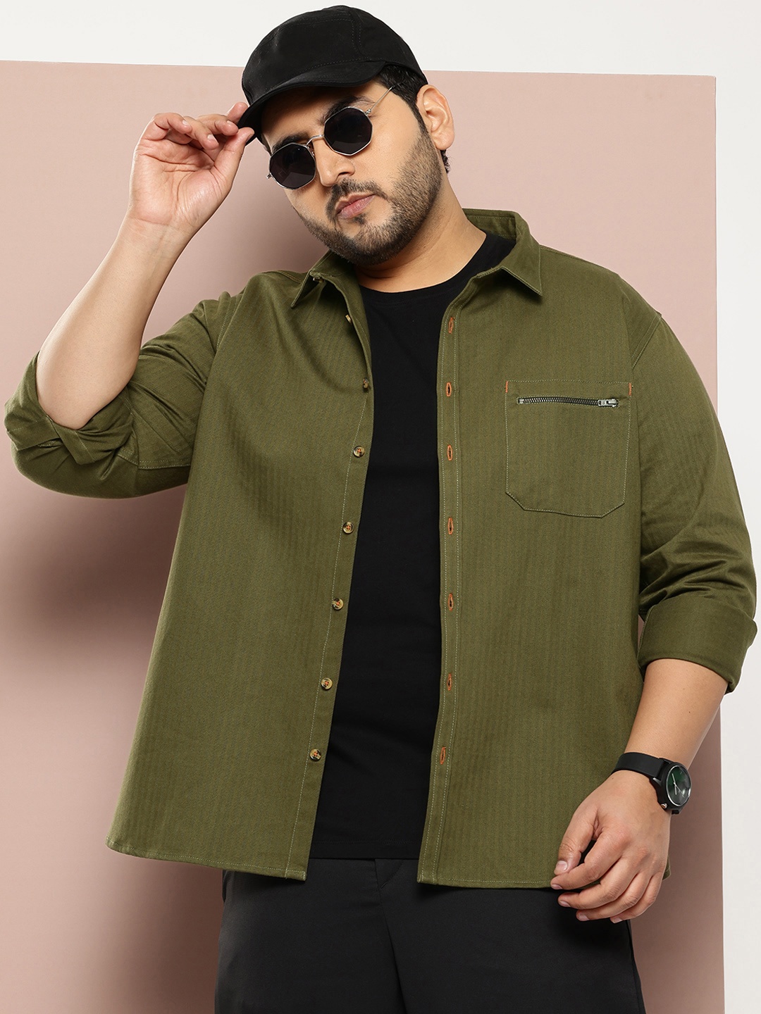 

Sztori Men Plus Size Striped Pure Cotton Casual Shirt, Olive