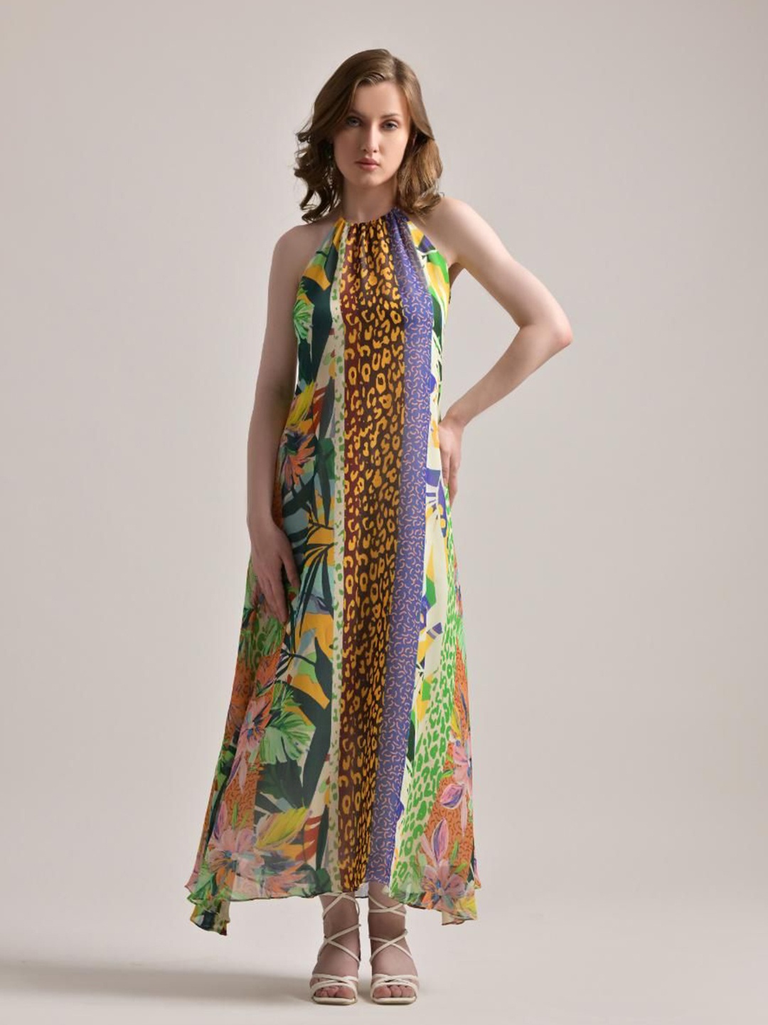 

The Samoa Animal Print Halter Neck A-Line Maxi Dress, Green