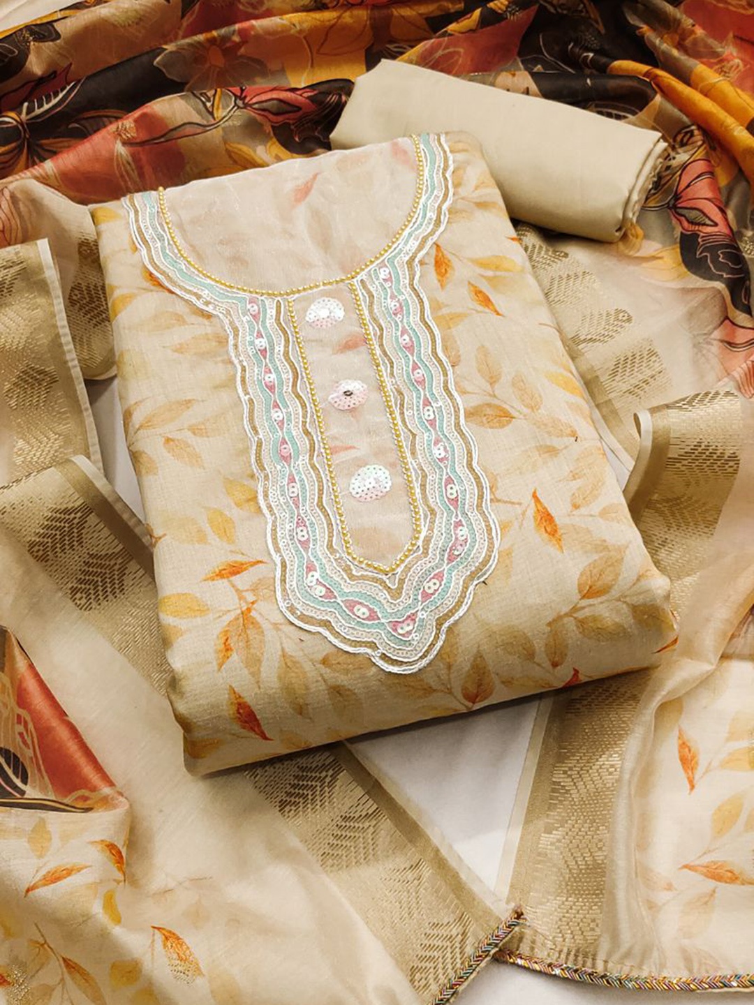 

ASISA Floral Embroidered Beads and Stones Unstitched Dress Material, Cream