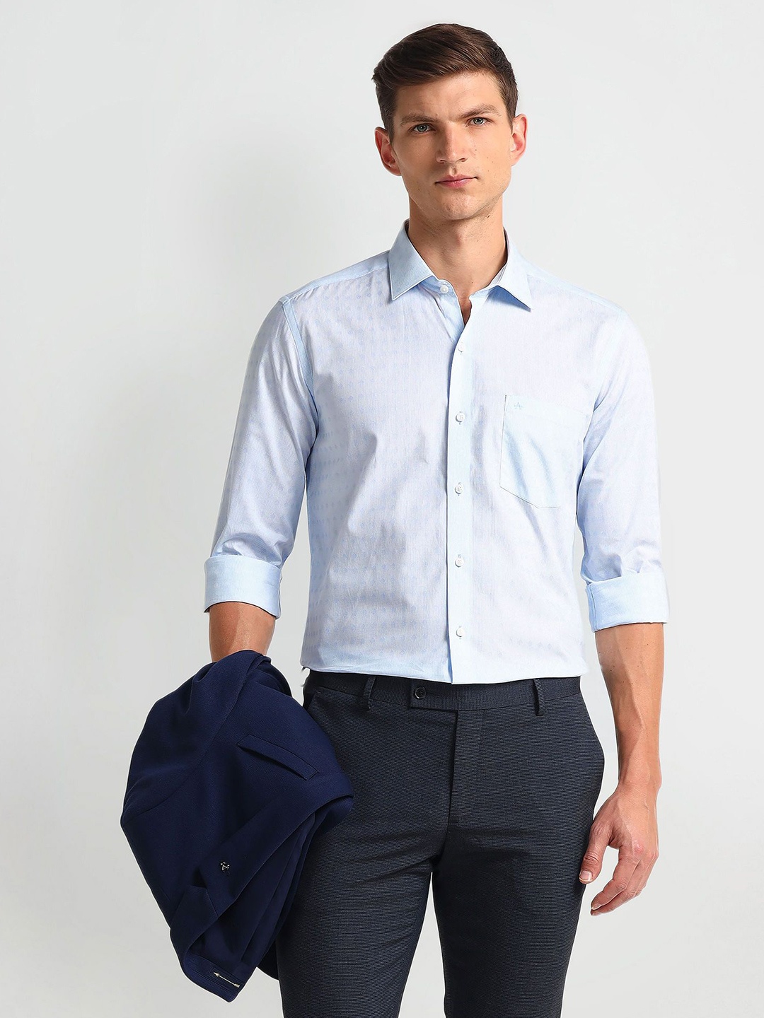 

Arrow Men Modern Spread Collar Micro Ditsy Printed Cotton Slim Fit Formal Shirt, Blue