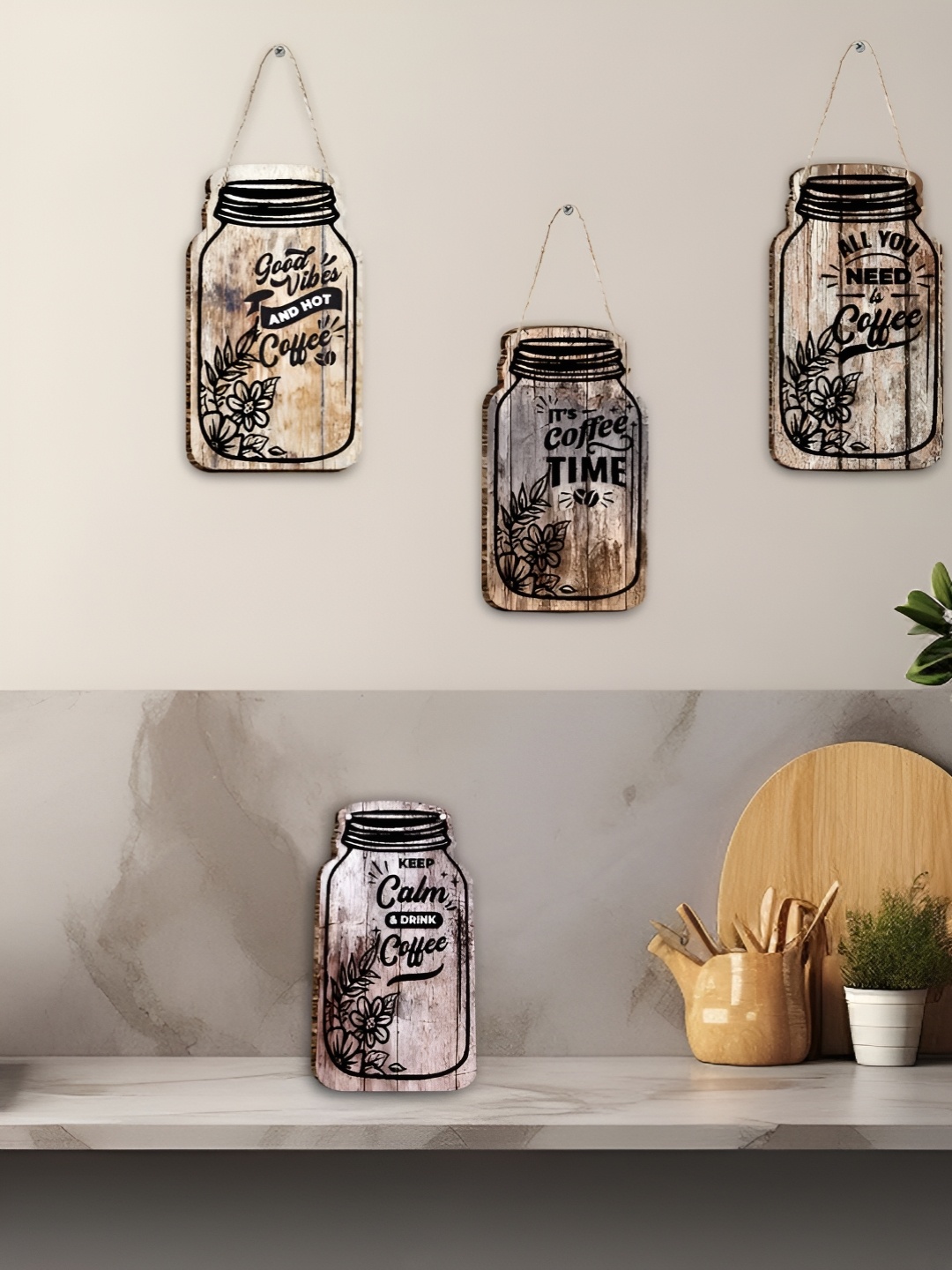 

CVANU 4Pcs Brown Wooden Printed Wall Hanging Decor