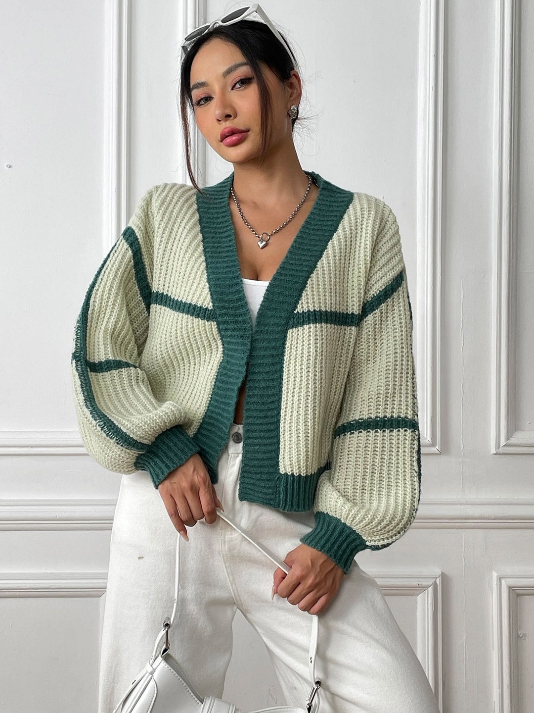 

StyleCast x Revolte Green & White Striped Shrug