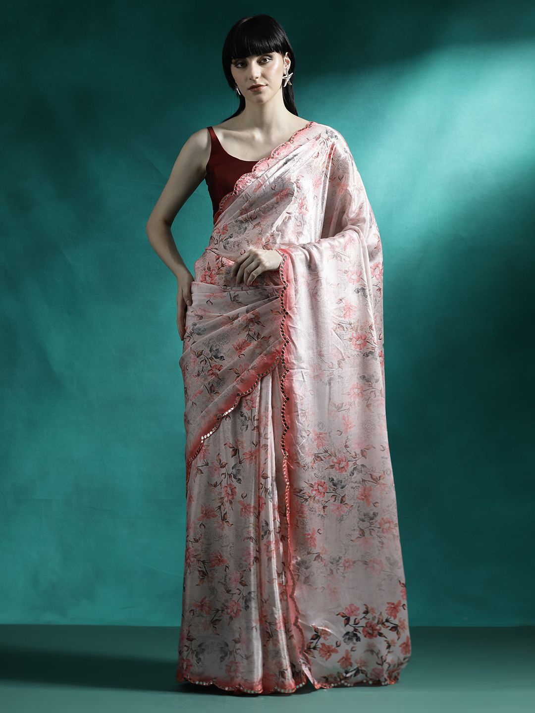 

Sangria Floral Printed & Embroidered Gotta Patti Saree, Peach