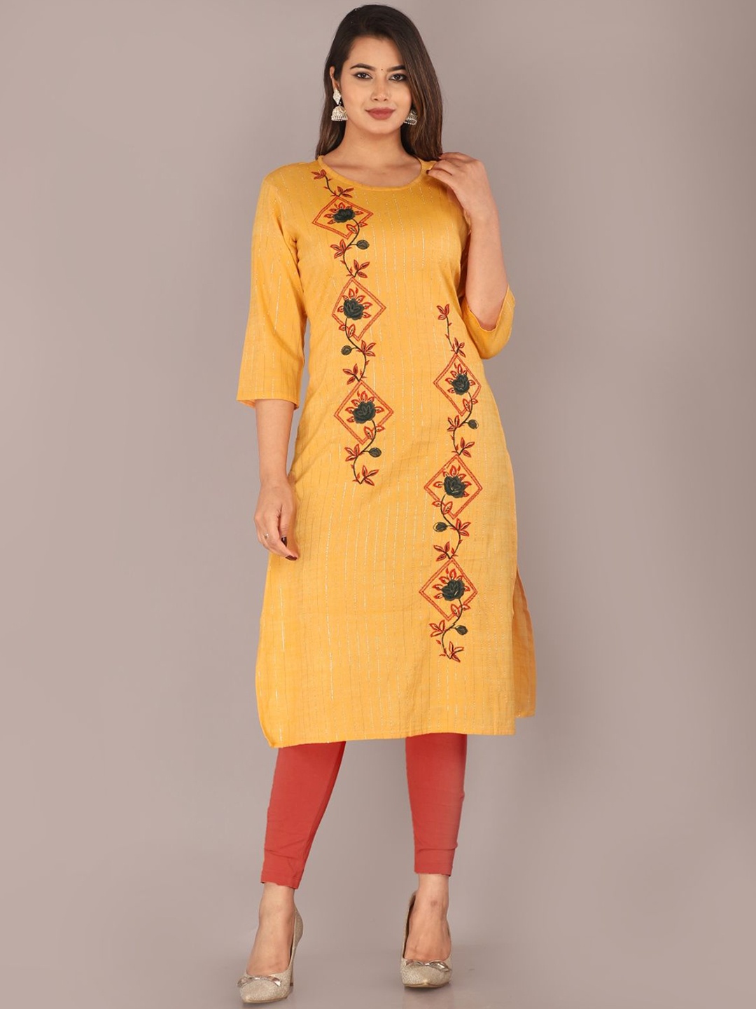 

Mehsoos Floral Embroidered Round Neck Cotton Straight Kurta, Yellow