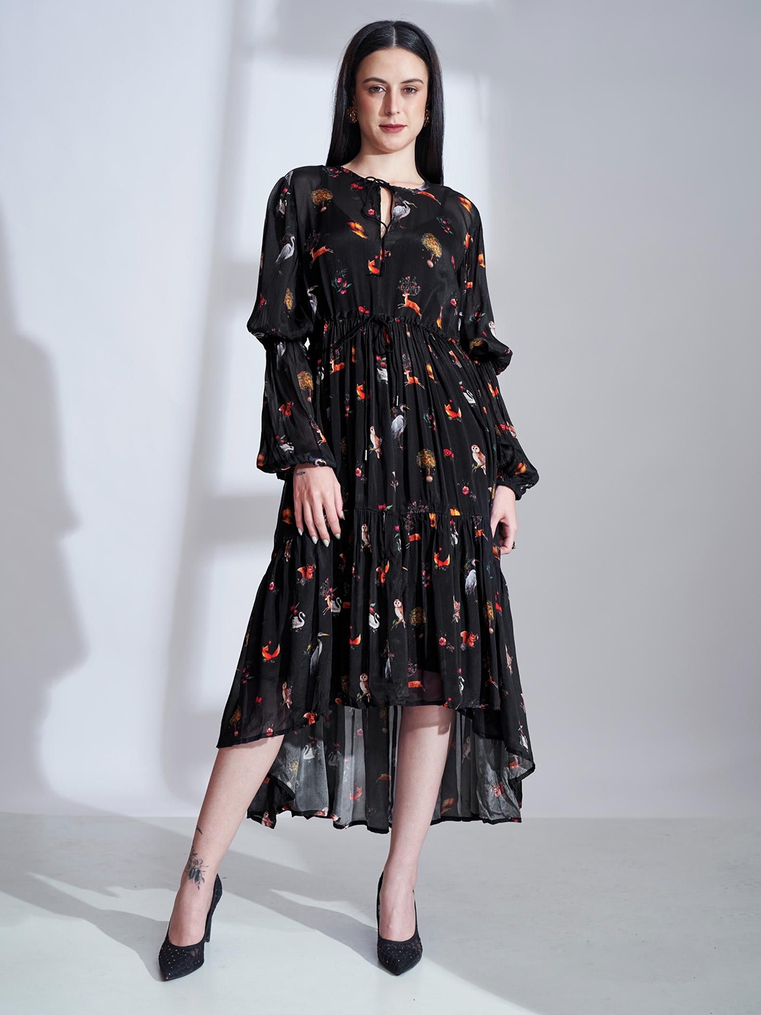 

The Samoa Bird Printed Chiffon Tiered Maxi Dress, Black