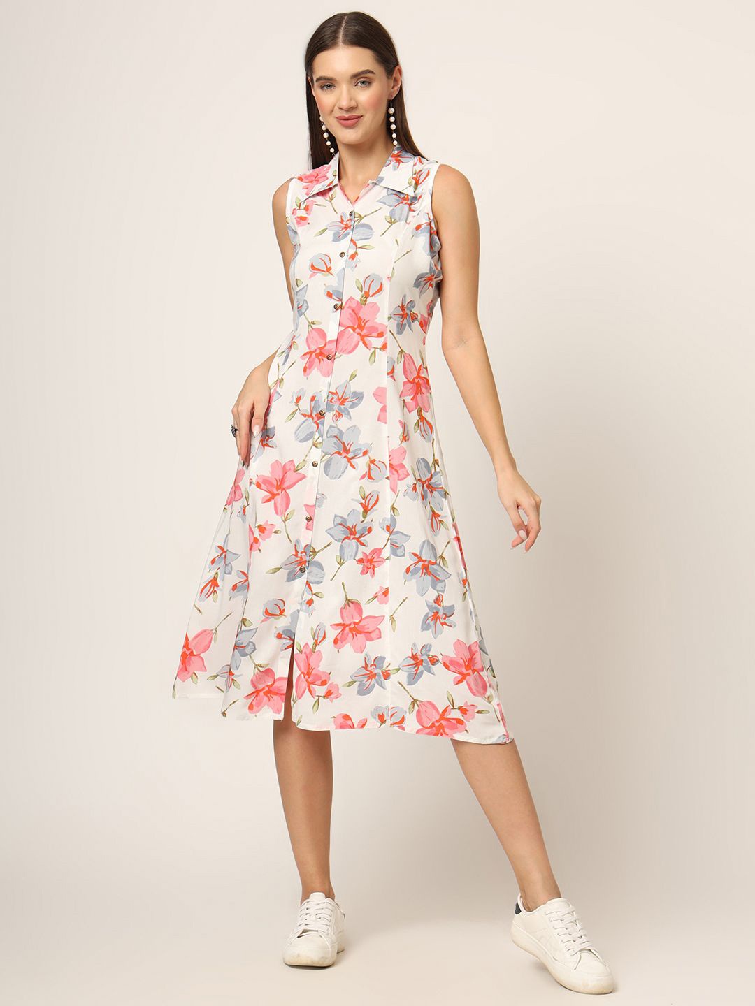 

Chandbaali Floral Print A-Line Midi Dress, White