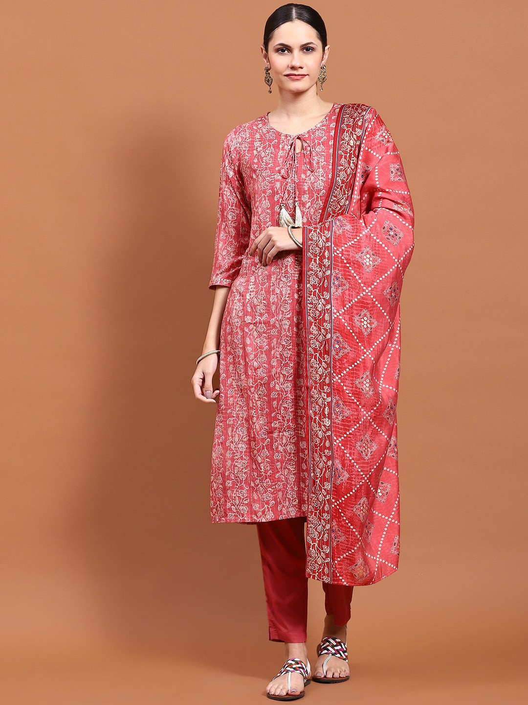 

Shree Floral Printed Tie-Up Neck Straight Kurta With Trousers & Dupatta, Pink
