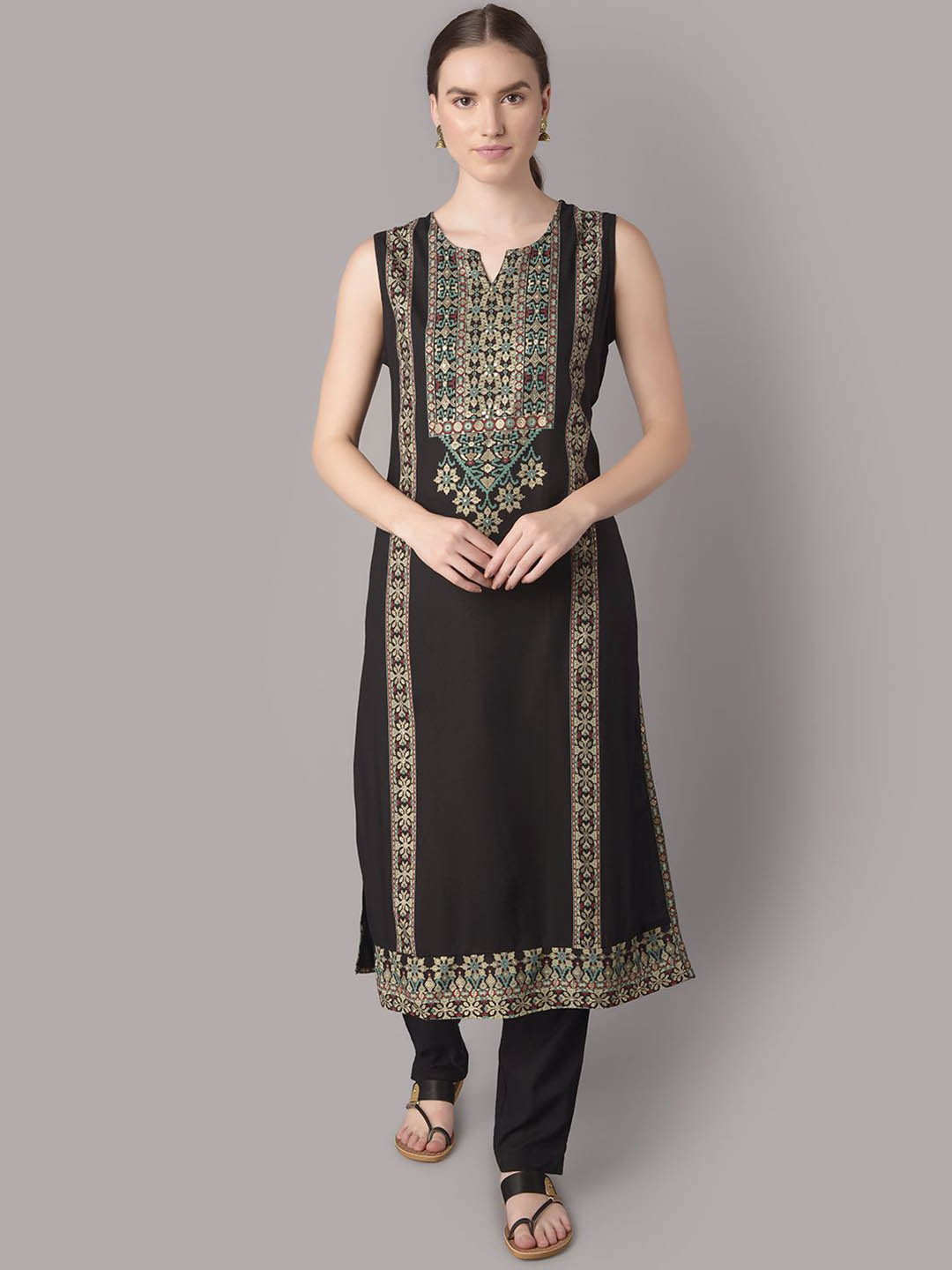 

Shree Ethnic Motifs Printed Sequinned Liva Kurta With Trousers, Black