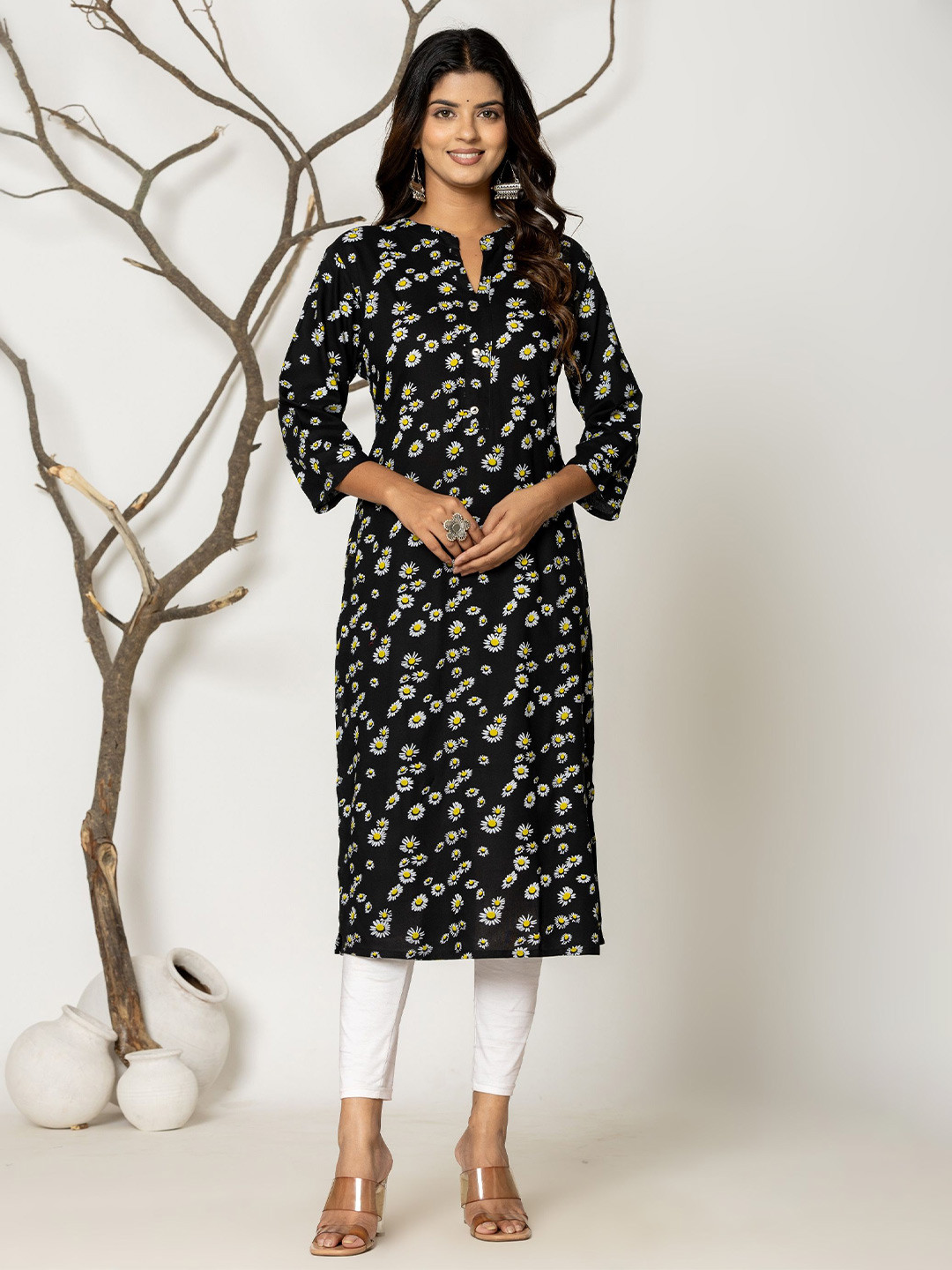 

JAIPURI BUNAAI Mandarin Collar Floral Printed A-Line Midi Dress, Black