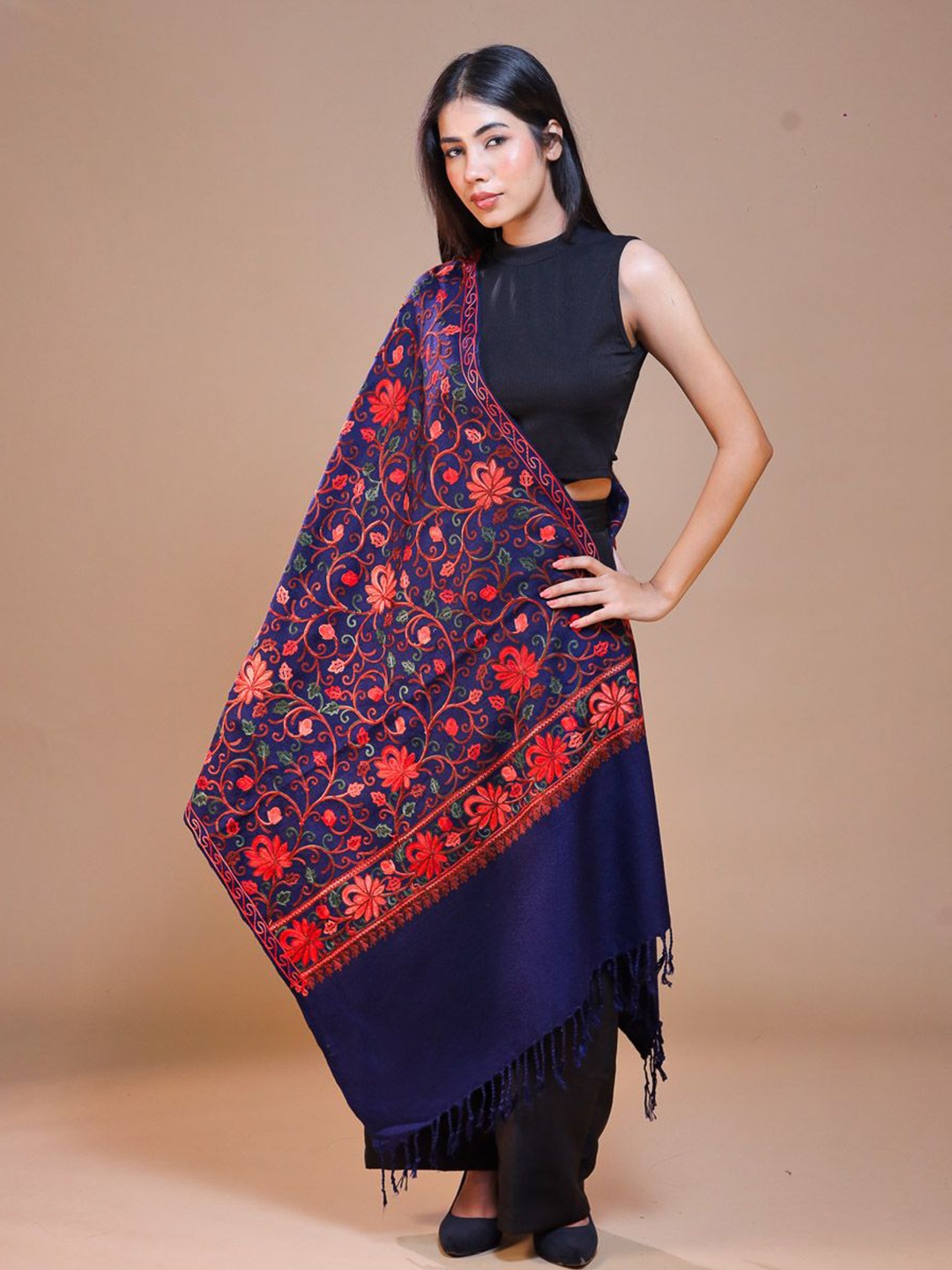 

SWI Stylish Women Aari Embroidery Wool Stole, Navy blue