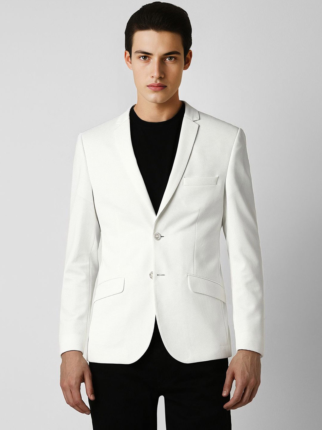 

V Dot Self Design Slim Fit Single-Breasted Formal Blazer, White