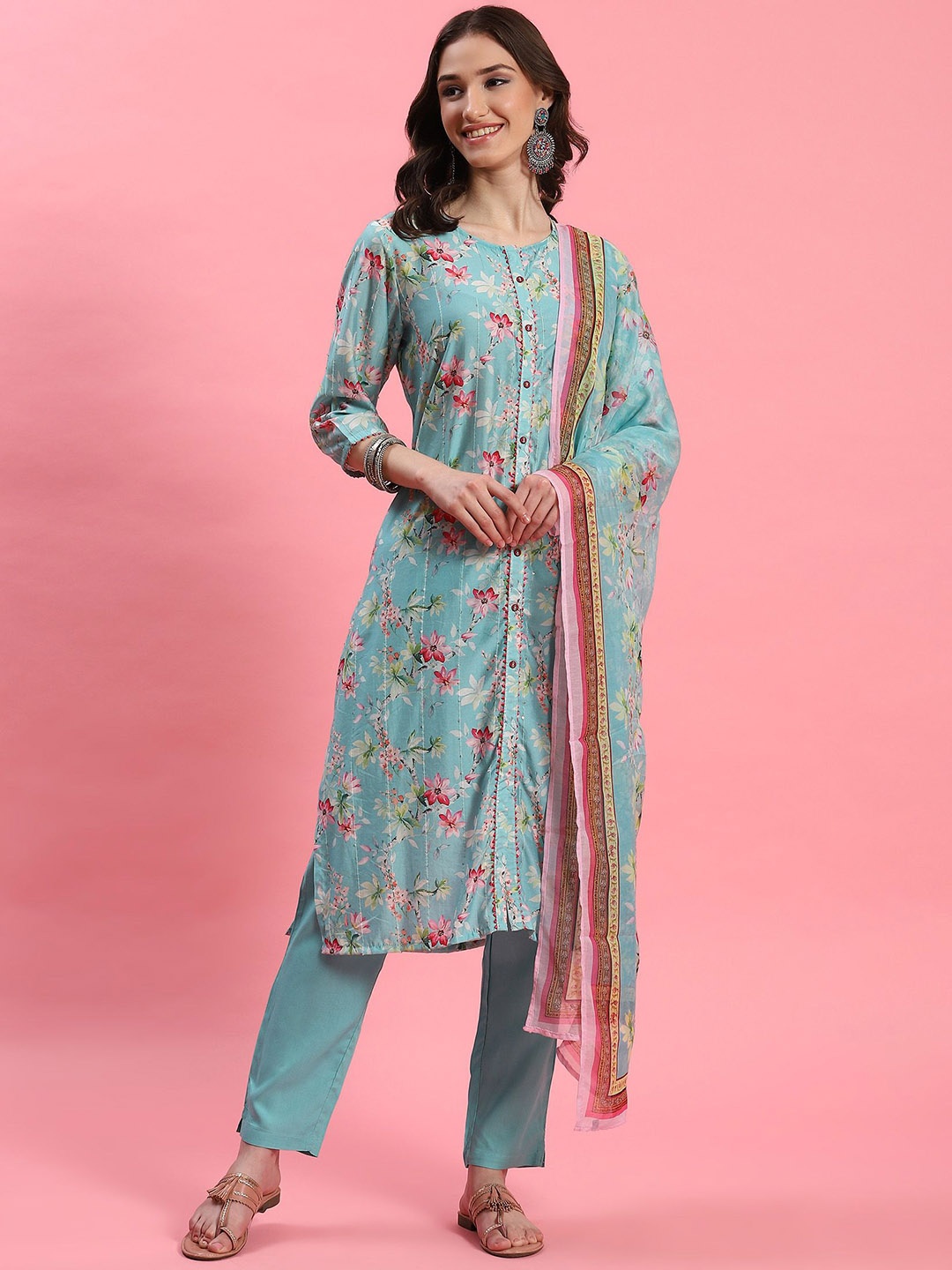 

Shree Floral Printed Sequinned Straight Kurta with Trousers & Dupatta, Blue