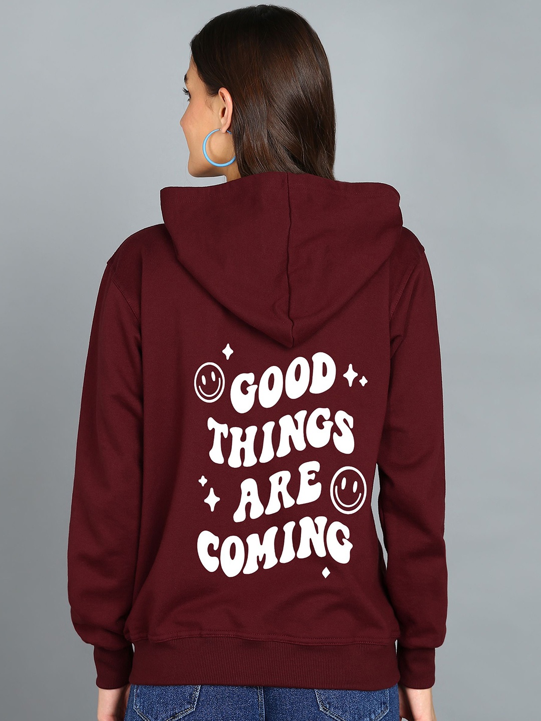 

FALTU.CO Women Typography Printed Hooded Ribbed Cotton Sweatshirt, Maroon