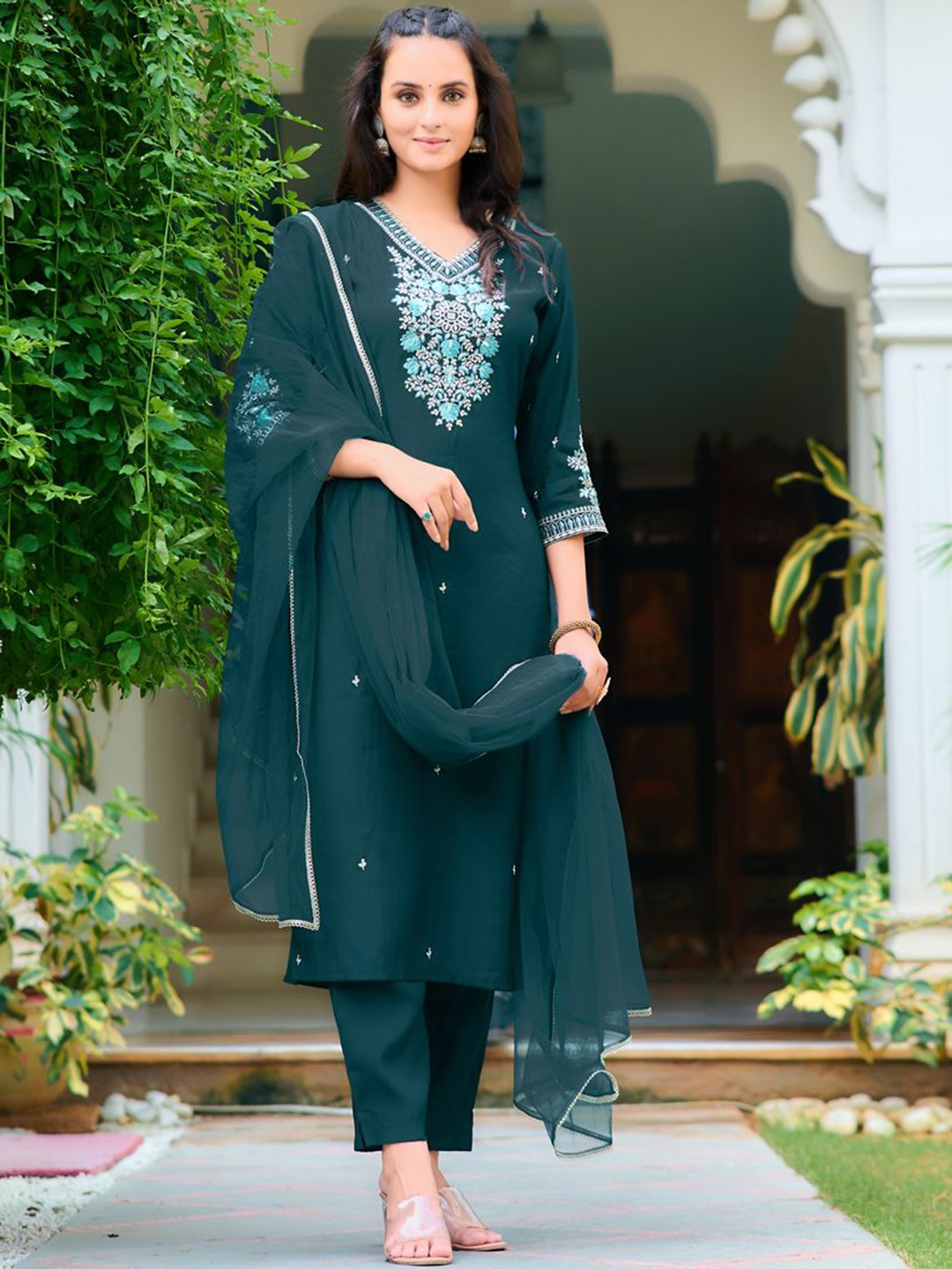 

Berrylicious Floral Embroidered Chanderi Cotton Straight Kurta With Trousers & Dupatta, Teal
