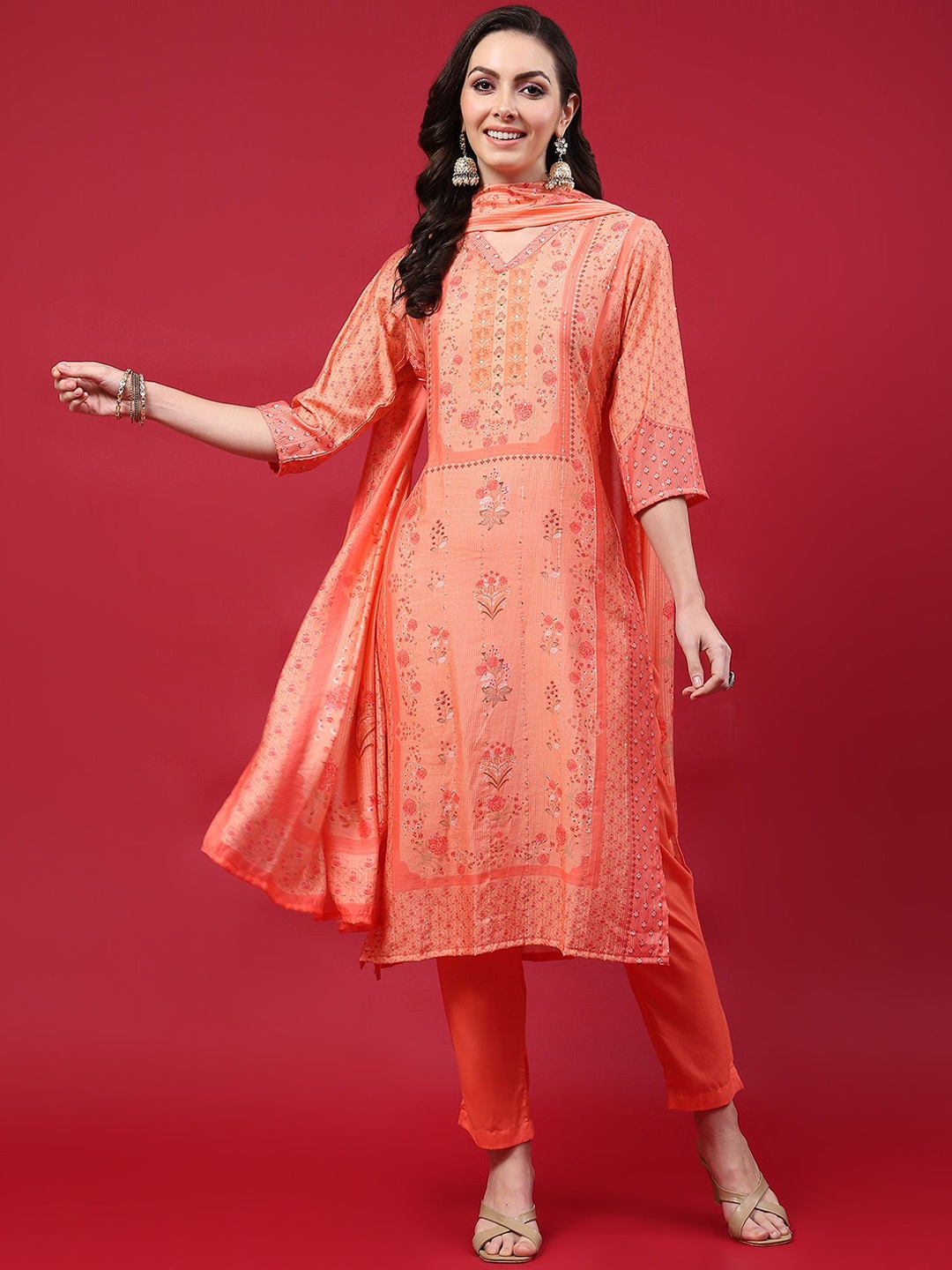 

Shree Floral Printed Regular Sequinned Liva Kurta With Trousers & Dupatta, Orange