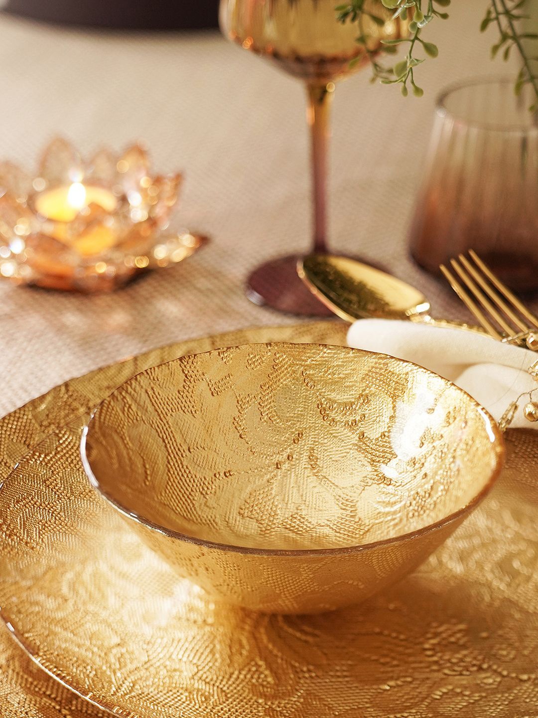 

Pure Home and Living Gold Toned 2 Pieces Textured Glass Dip Bowl
