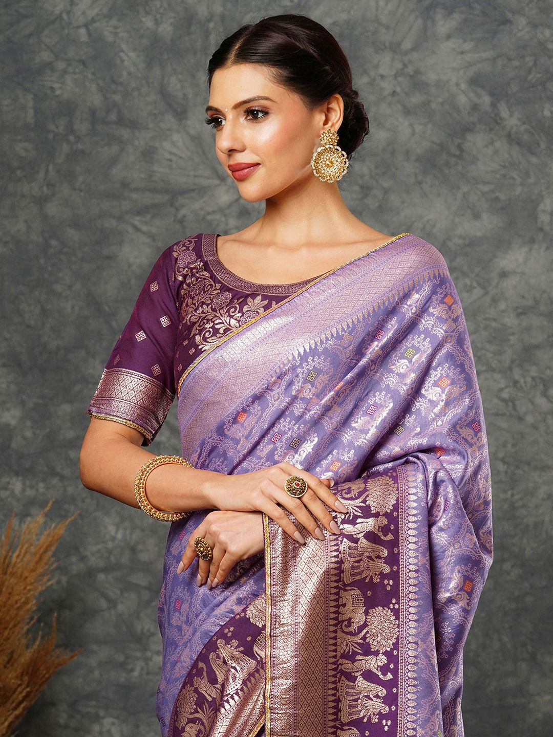 

Satrani Ethnic Motifs Woven Design Zari Banarasi Saree, Purple