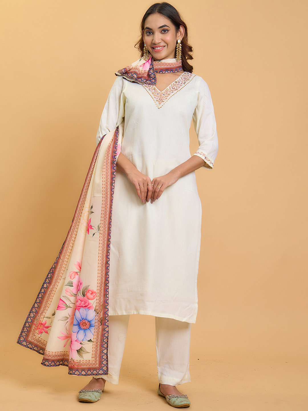 

KALINI Floral Embroidered V-Neck Sequinned Straight Kurta With Trousers & Dupatta, White