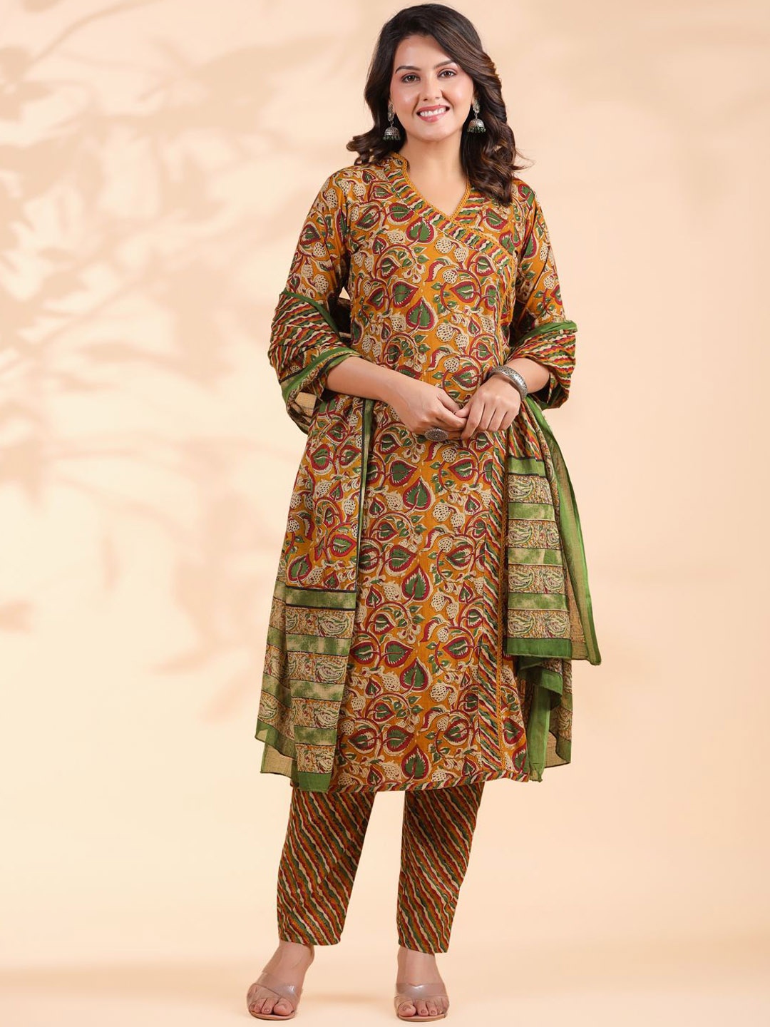 

Vbuyz Floral Printed Angrakha Pure Cotton Kurta With Palazzos & Dupatta, Mustard