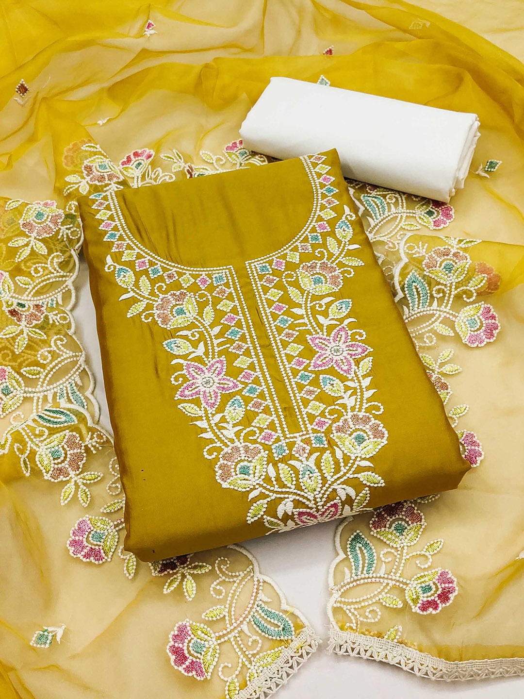 

Ishin Floral Embroidered Cotton Unstitched Dress Material, Mustard
