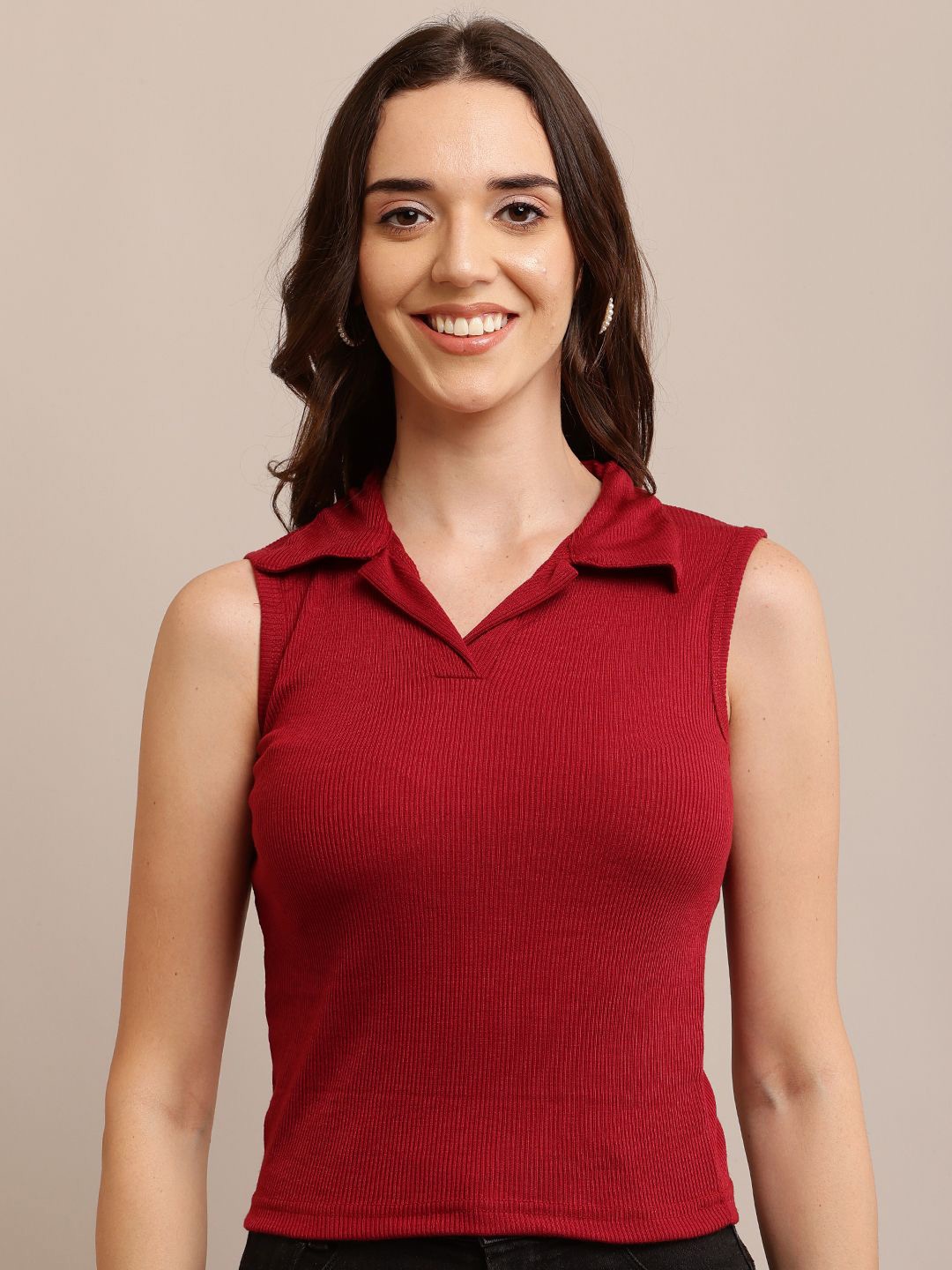 

Raabta Fashion Women Solid Shirt Collar Top, Red