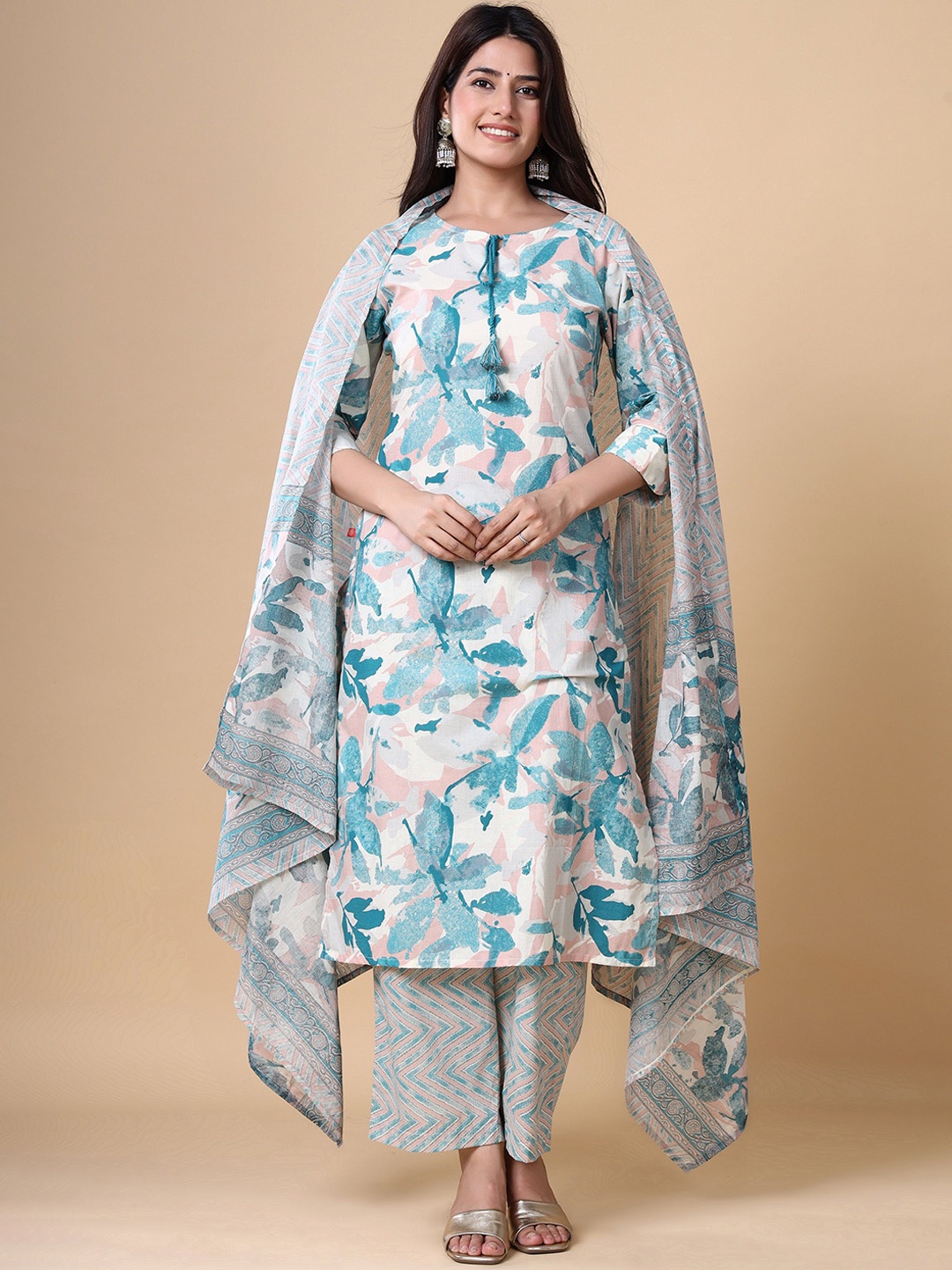 

VASVI Floral Printed Pure Cotton Straight Kurta & Trousers With Dupatta, Teal