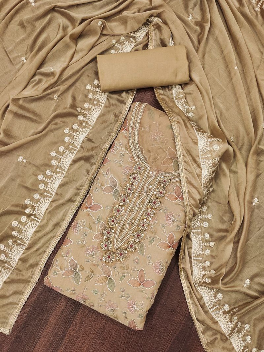 

ASISA Ethnic Motifs Embroidered Beads and Stones Unstitched Dress Material, Beige