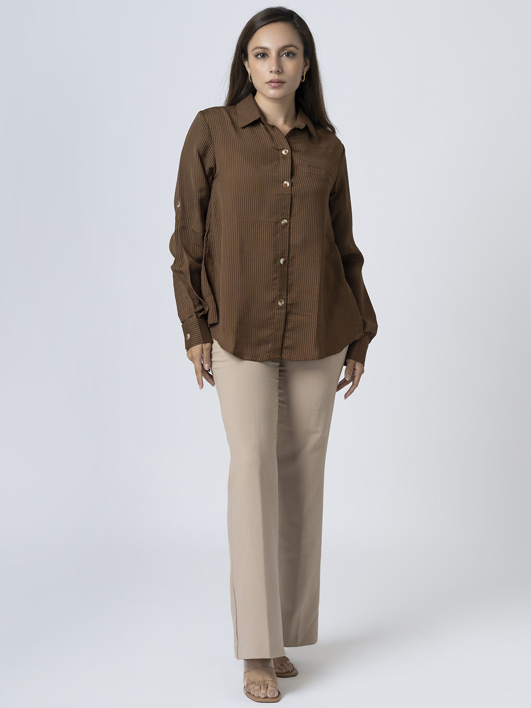 

BOONS n PERKKS Women Standard Spread Collar Vertical Striped Cotton Casual Shirt, Brown