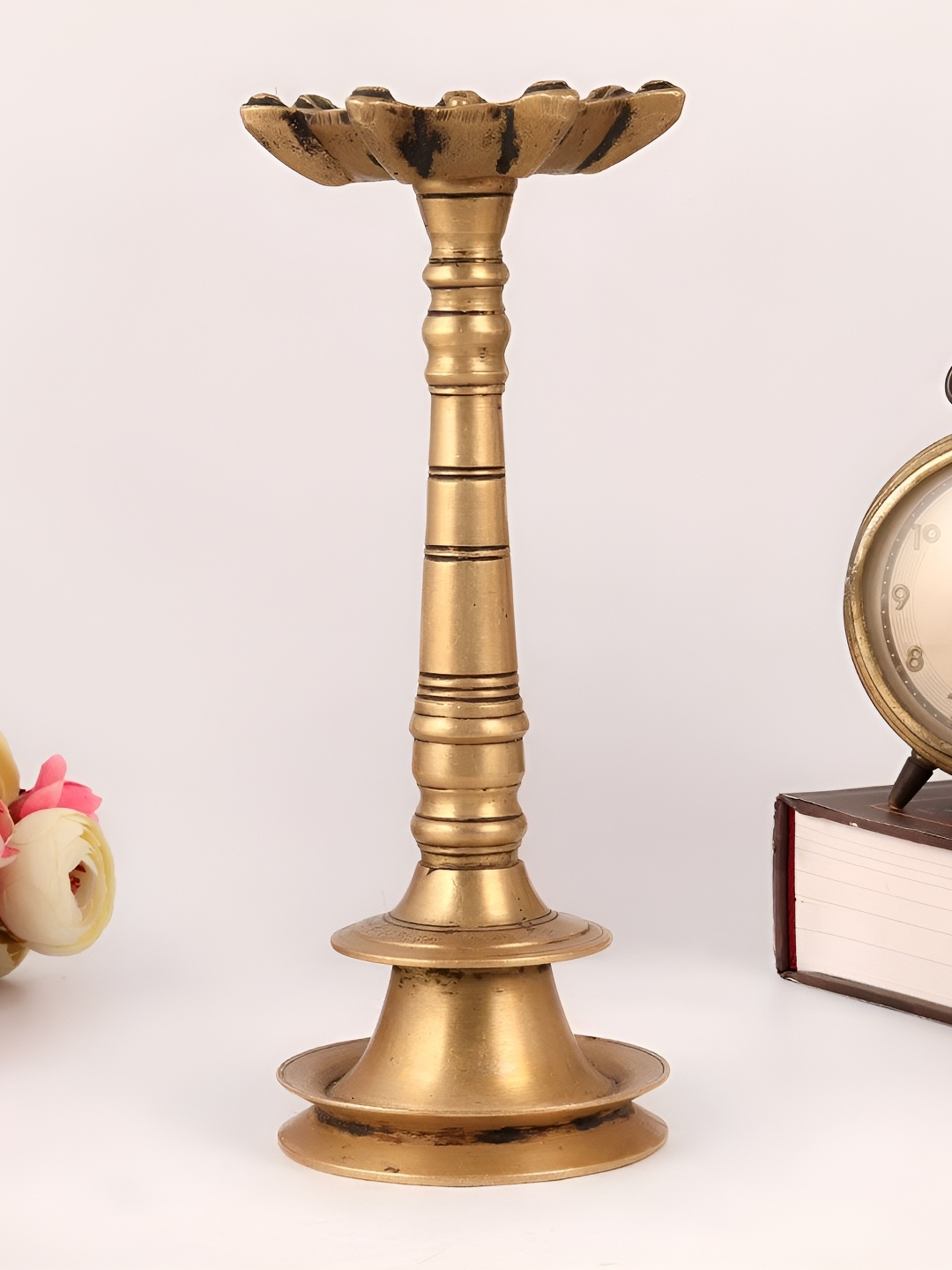 

Indianshelf GoldToned and Black Textured Three Branch Diwali Diyas, Gold