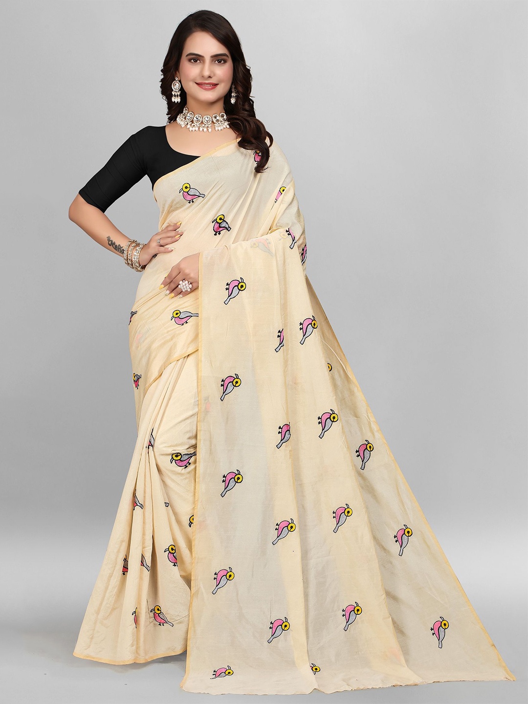 

JULEE Embroidered Pure Cotton Chanderi Saree, Cream