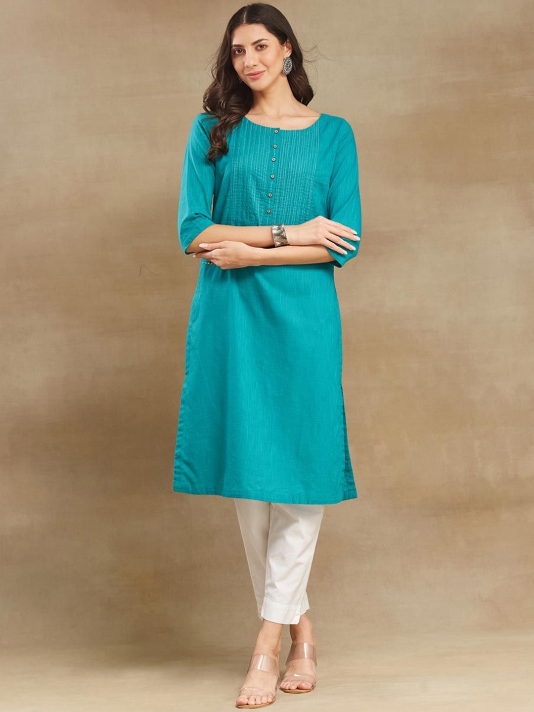 

Fabindia Geometric Woven Design Thread Work Straight Kurta, Turquoise blue