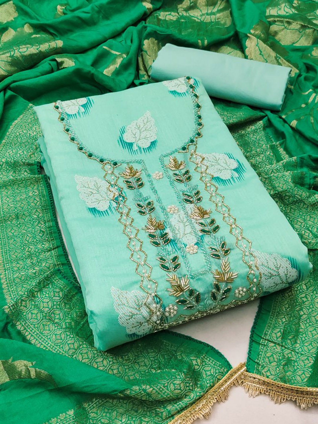 

ASISA Floral Embroidered Beads and Stones Unstitched Dress Material, Turquoise blue