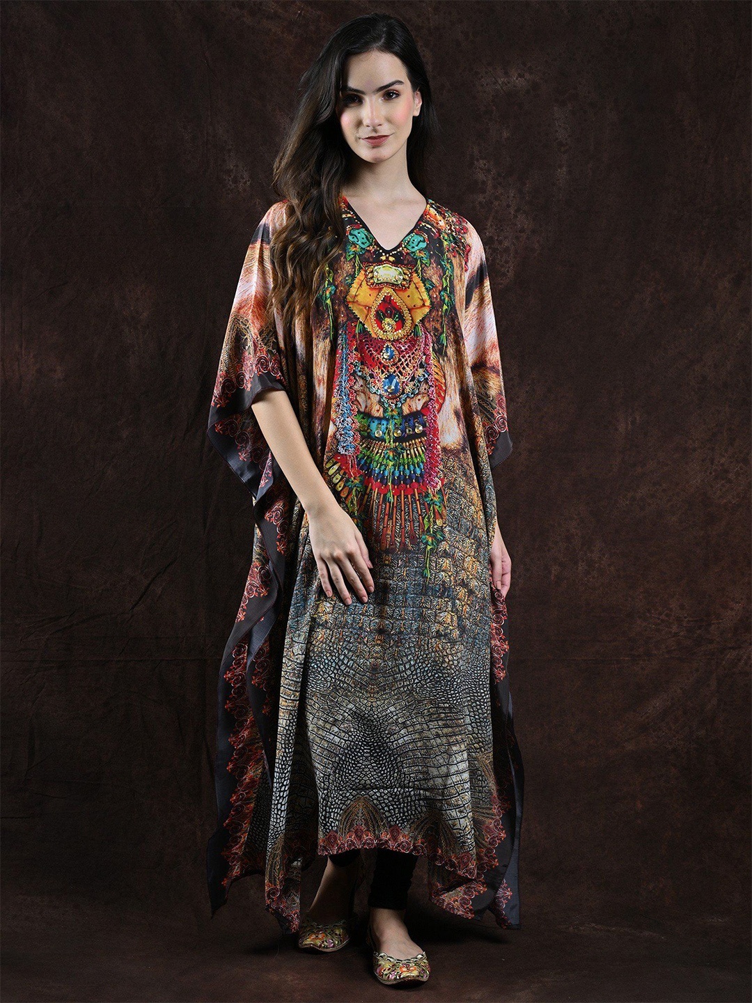 

Exotic India Ethnic Motifs Printed Slit Sleeve Kaftan Maxi Dress, Multi