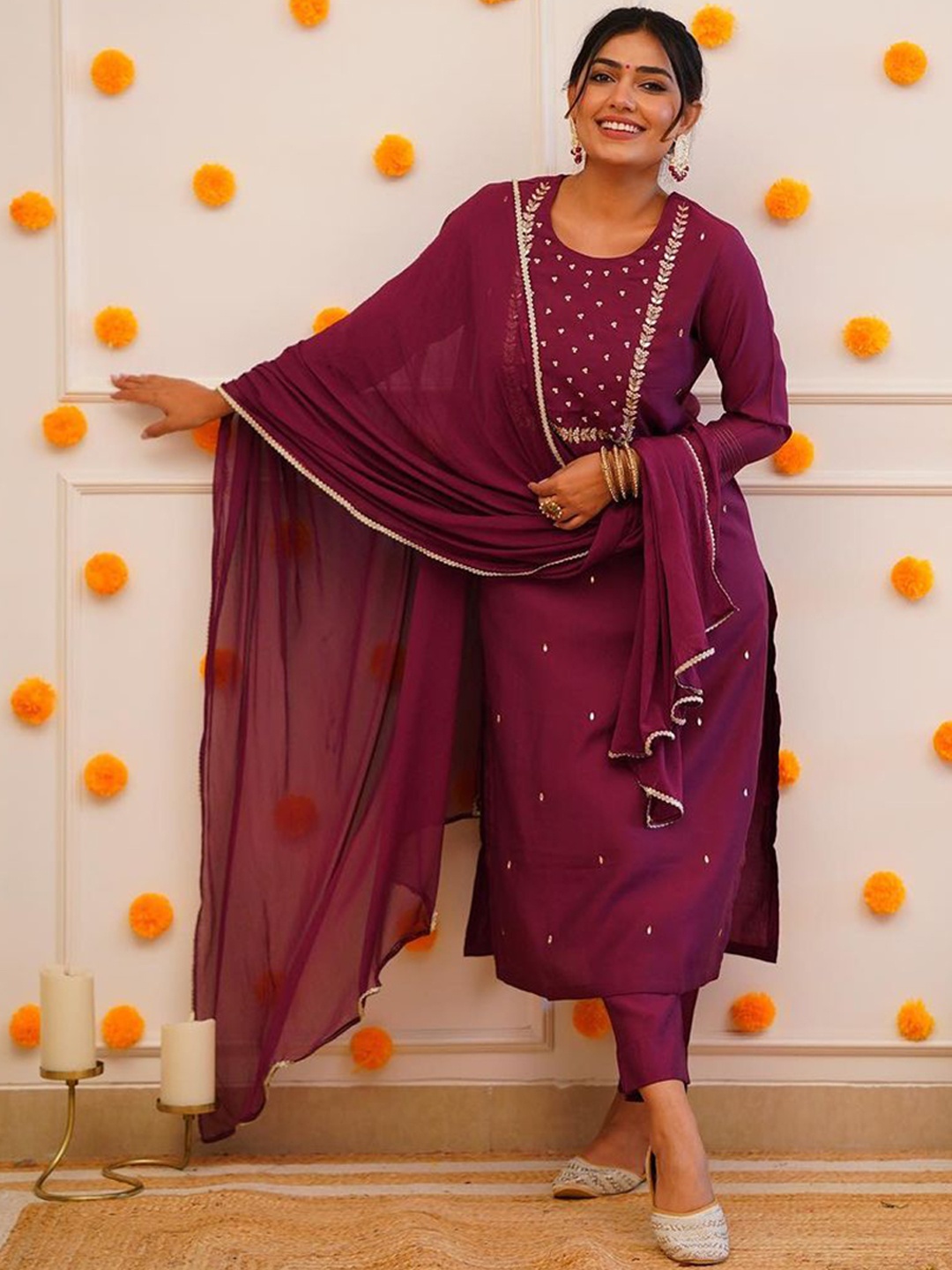 

KALINI Floral Embroidered Sequinned Straight Kurta With Trousers & Dupatta, Maroon