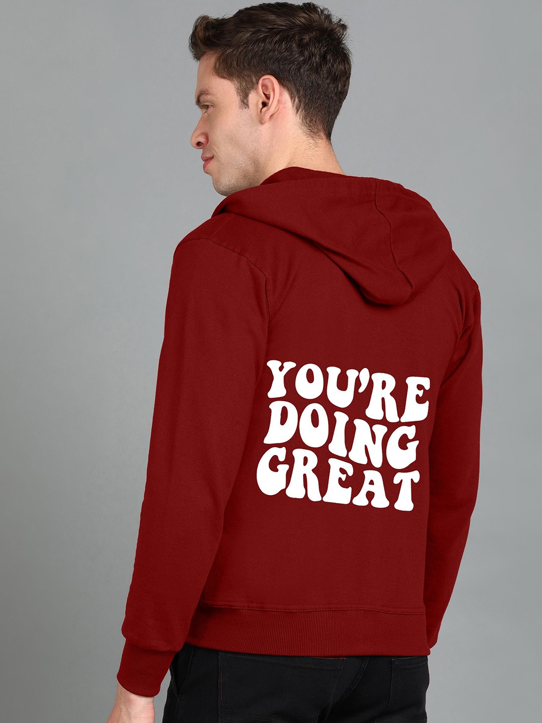 

FALTU.CO Men Graphic Printed Hooded Sweatshirt, Maroon