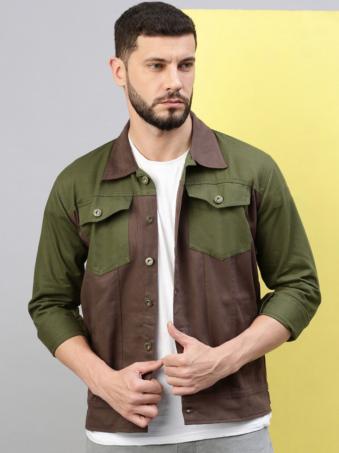 

VOXATI Men Colourblocked Denim Jacket, Green