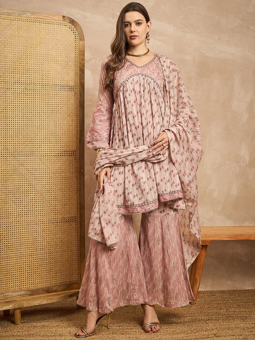

all about you Floral Printed Regular Anarkali Kurta with Sharara & Dupatta, Pink