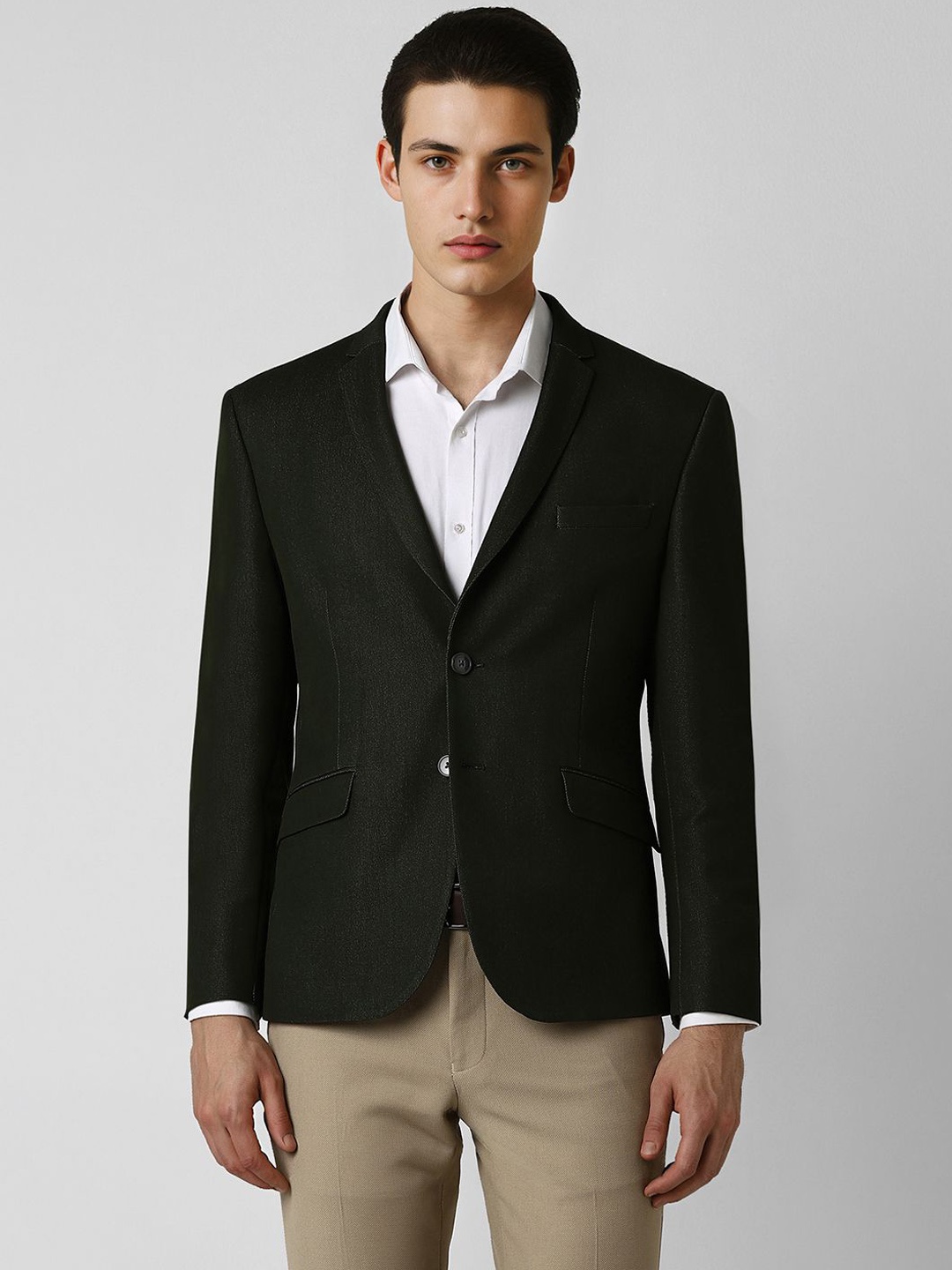 

V Dot Self Design Slim Fit Single-Breasted Formal Blazer, Green