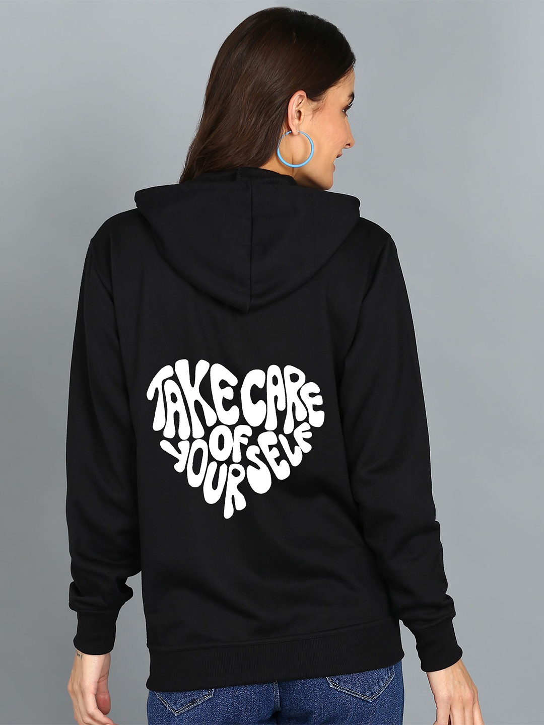 

FALTU.CO Women Printed Zip Detail Hooded Cotton Sweatshirt, Black