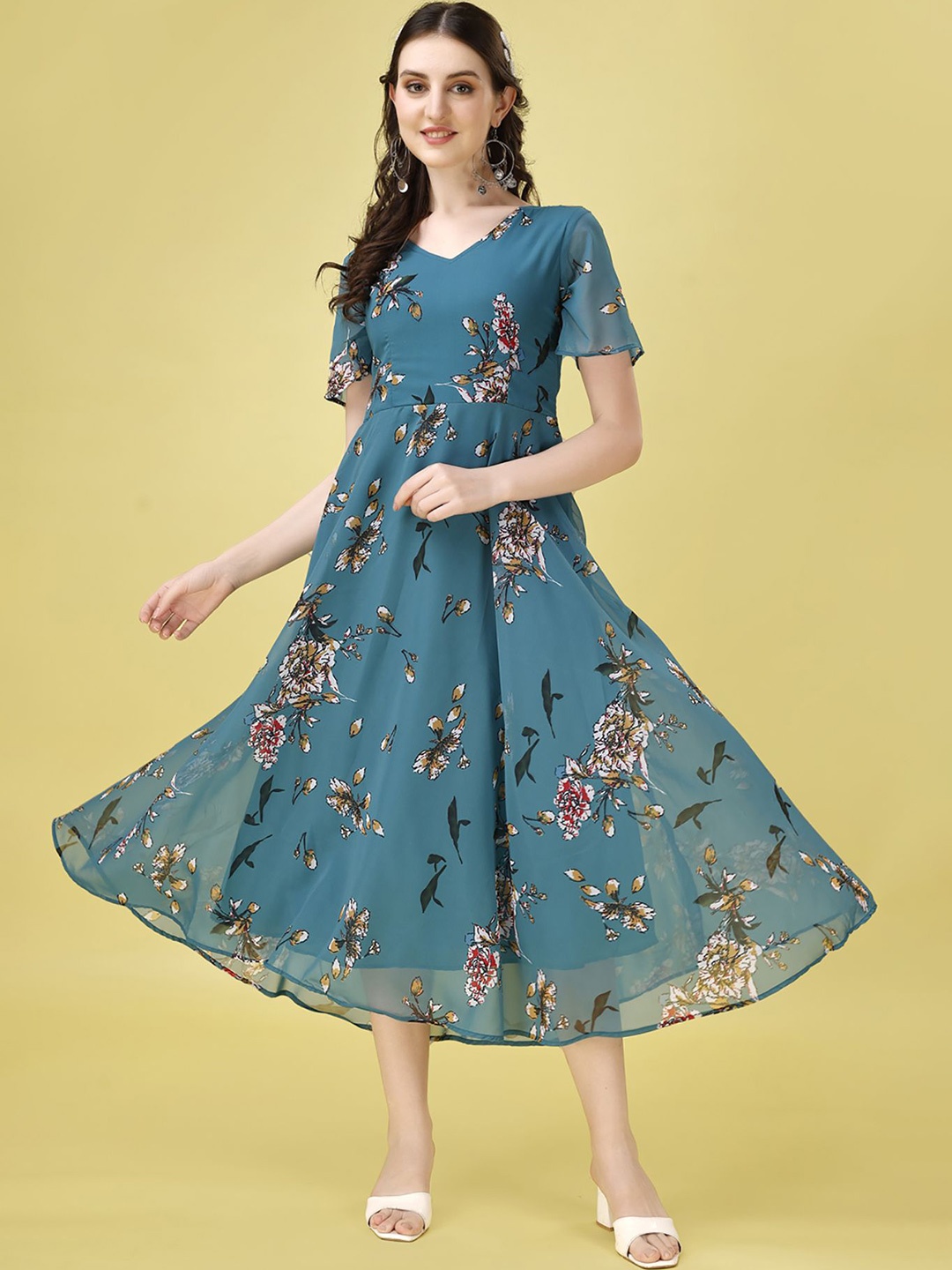 

BAESD Floral Printed Georgette Fit & Flare Midi Dress, Teal
