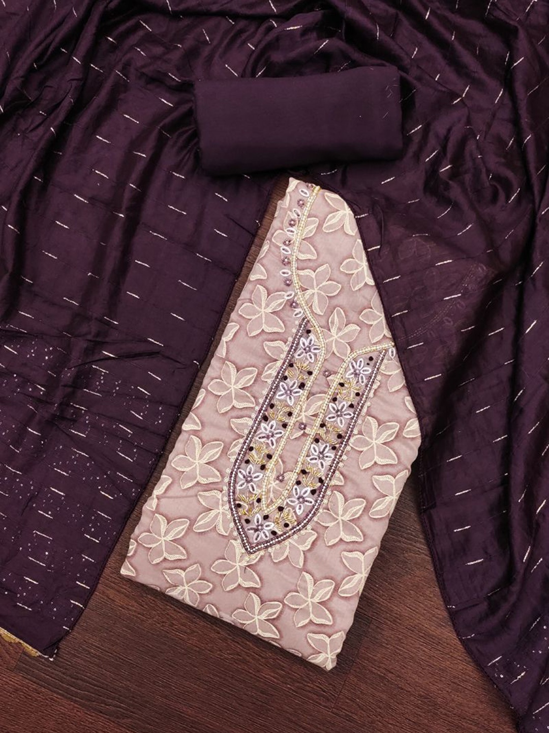 

ASISA Floral Embroidered Beads and Stones Unstitched Dress Material, Violet