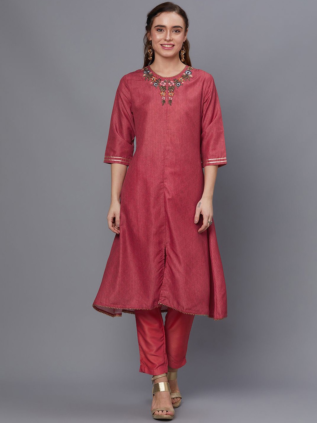 

Shree Embroidered Thread Work Liva Straight Kurta with Trousers & With Dupatta, Coral