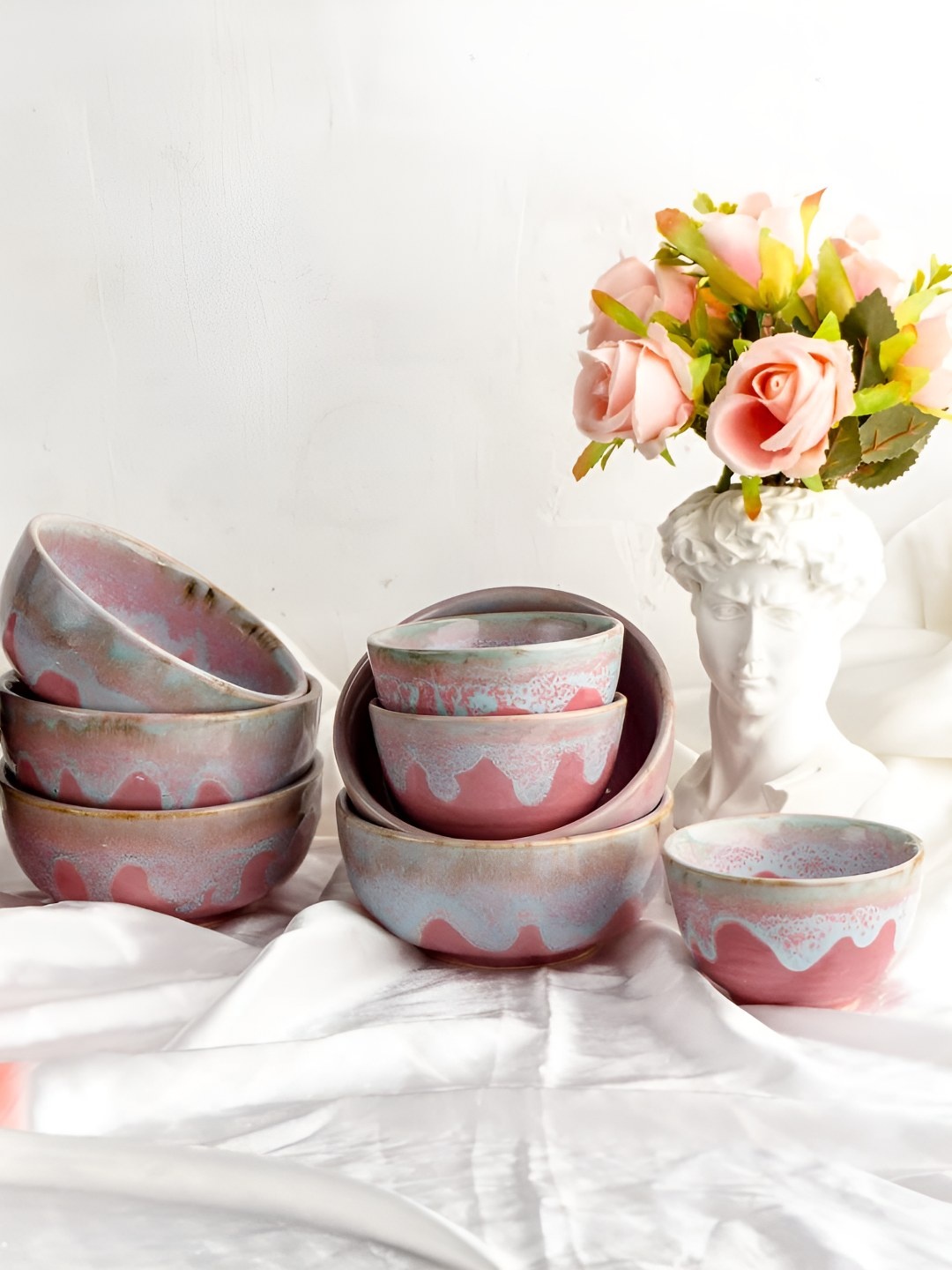 

AMALAFIEE CERAMICS Pink 12 Pieces Printed Ceramic Microwave Safe Matte Serving Bowls