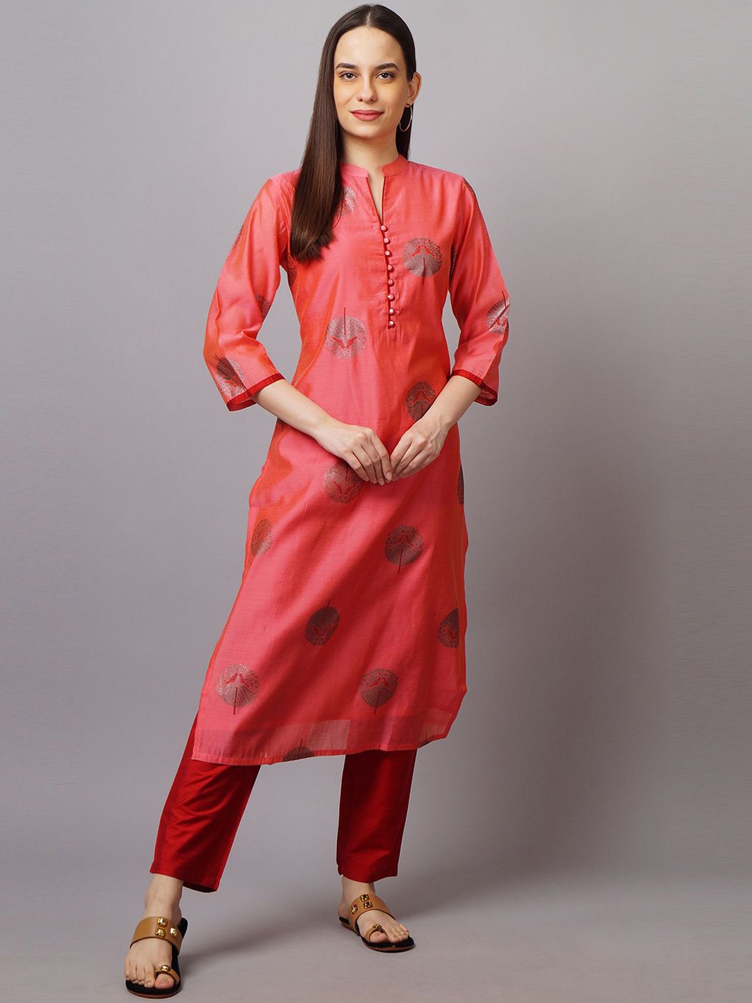 

Shree Ethnic Motifs Printed Chanderi Silk Straigt Kurta & Trousers, Pink