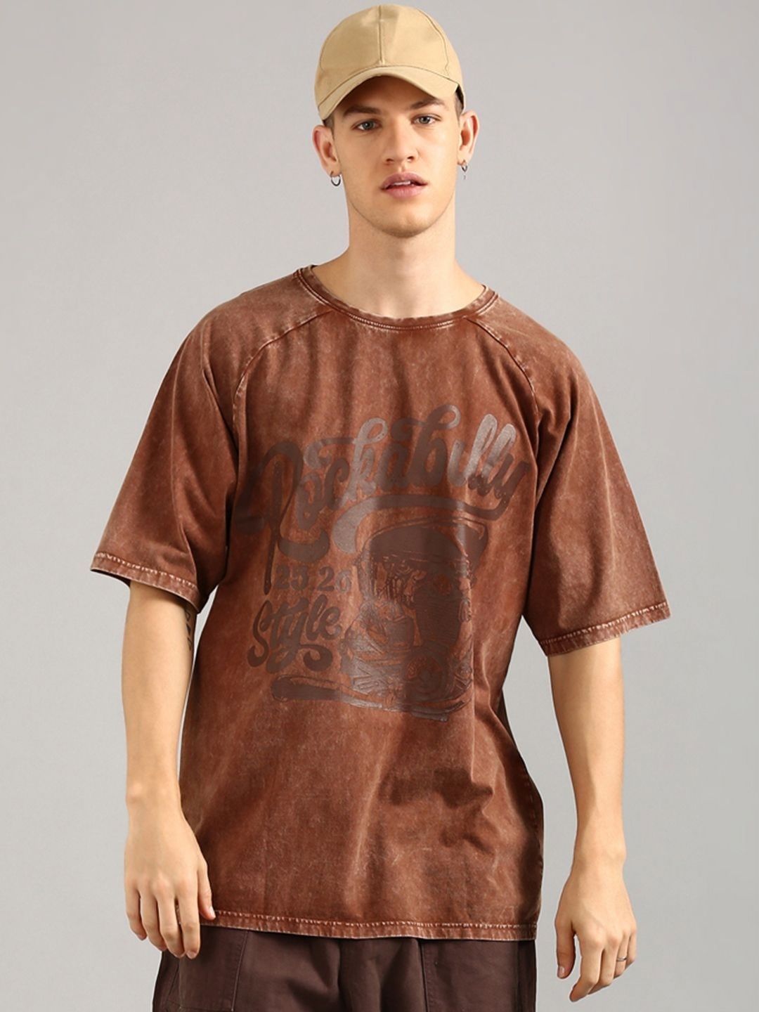 

Joven Men Typography Printed Round Neck Cotton Oversized T-shirt, Brown