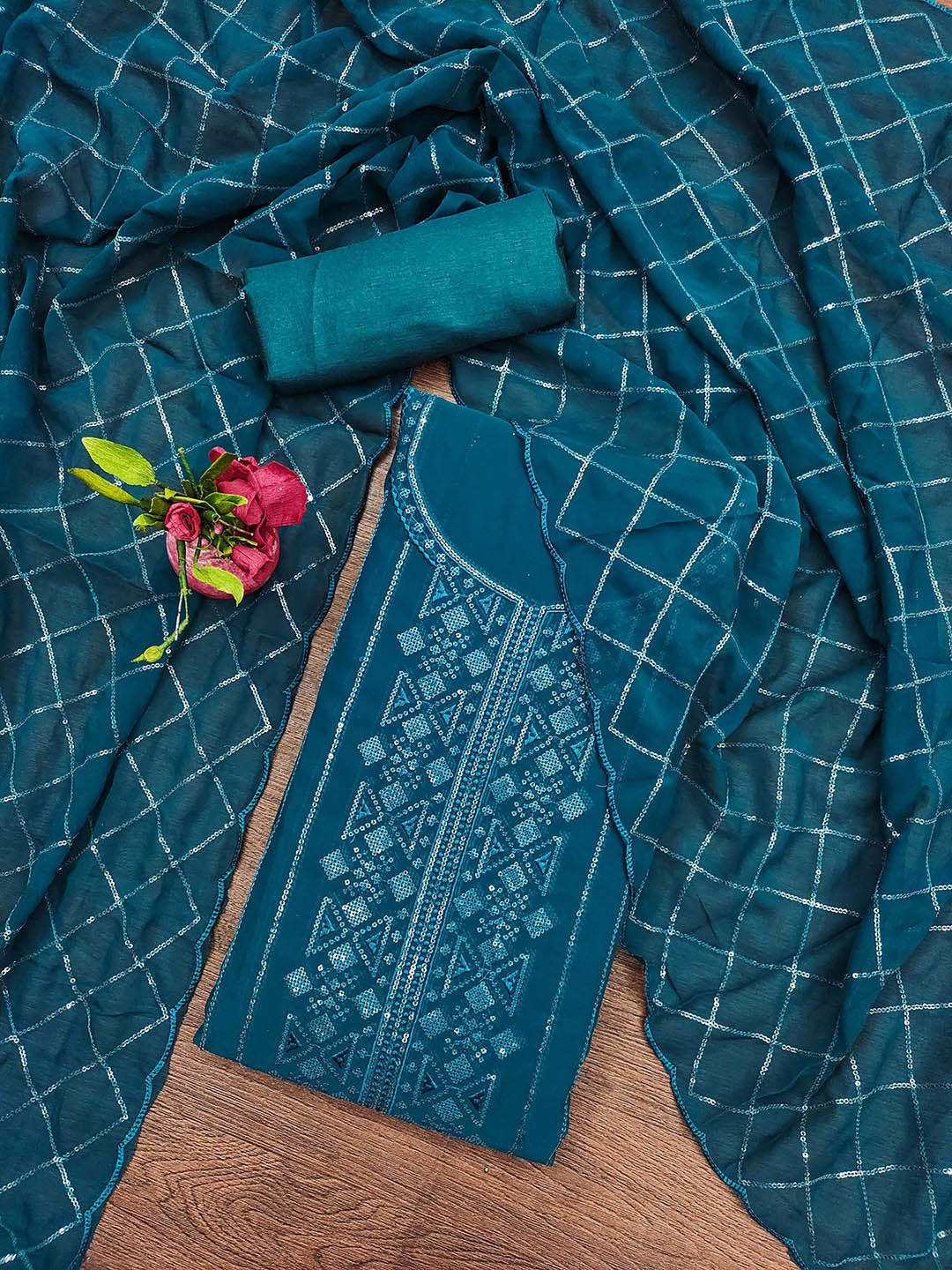 

Ishin Teal Green Striped Embroidered Silk Georgette Unstitched Dress Material