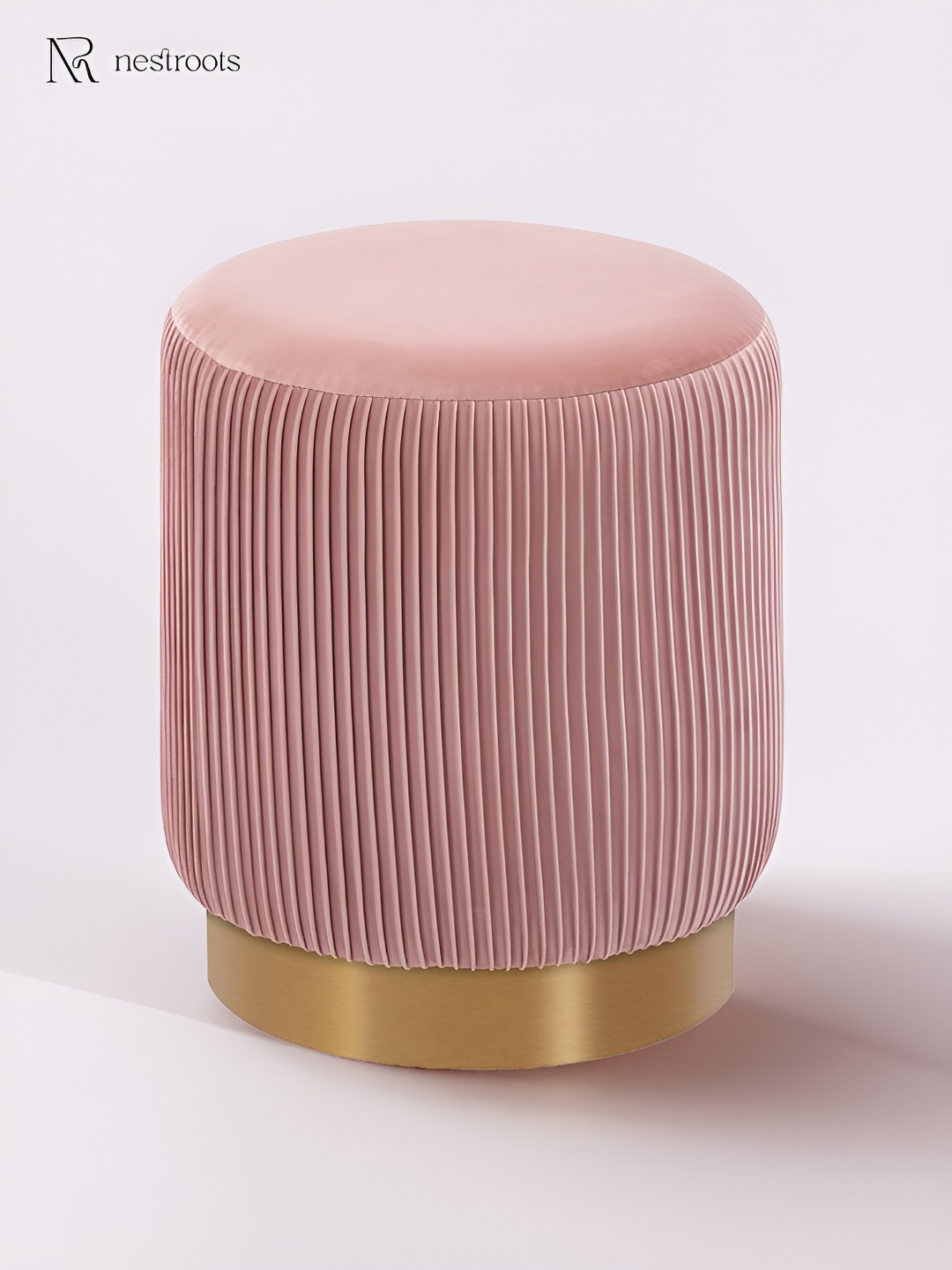 

nestroots Pink & Gold Toned Round Shape Velvet Candyland Ottoman