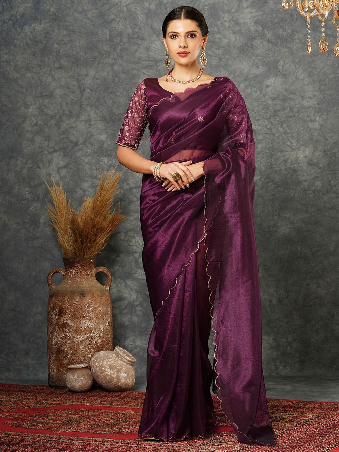 

all about you Embellished Beads and Stones Net Saree, Purple